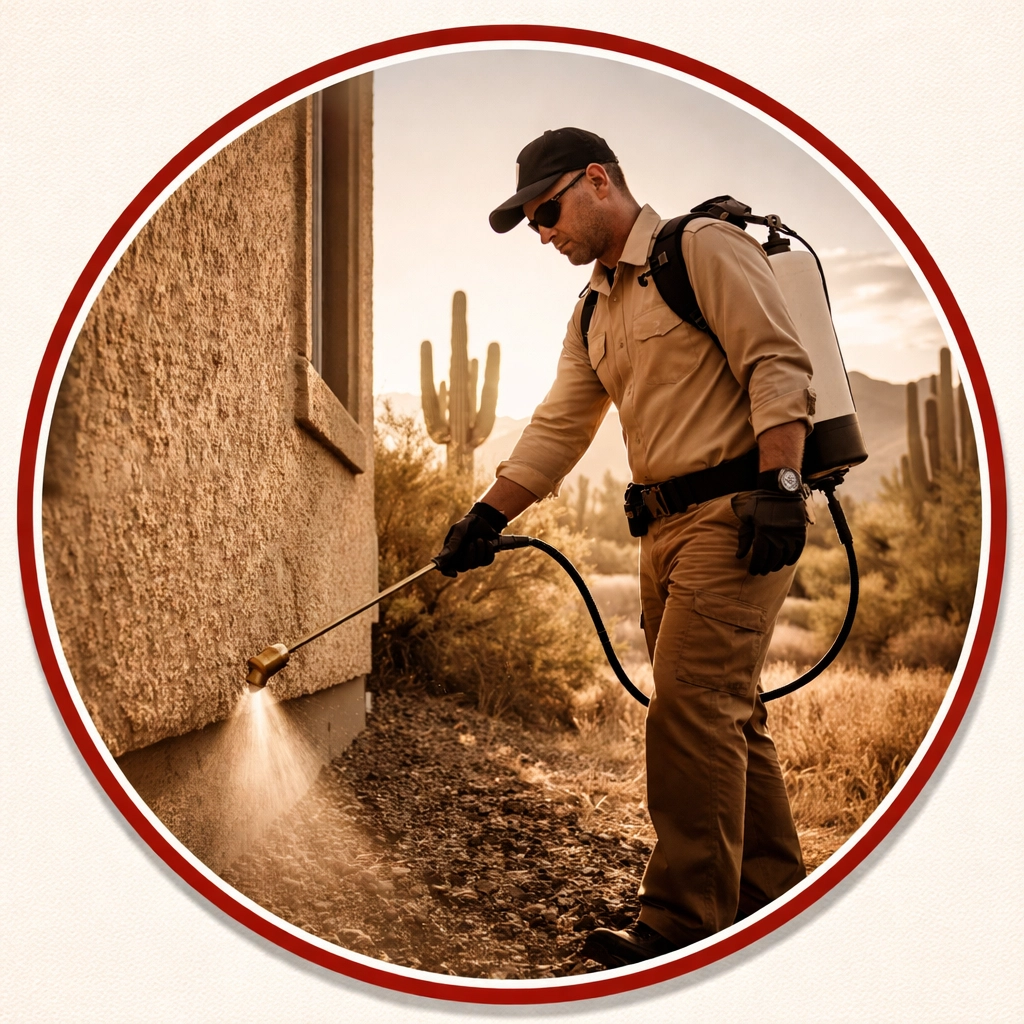 Pest control technician treating Arizona home foundation for scorpions in Coolidge during sunset