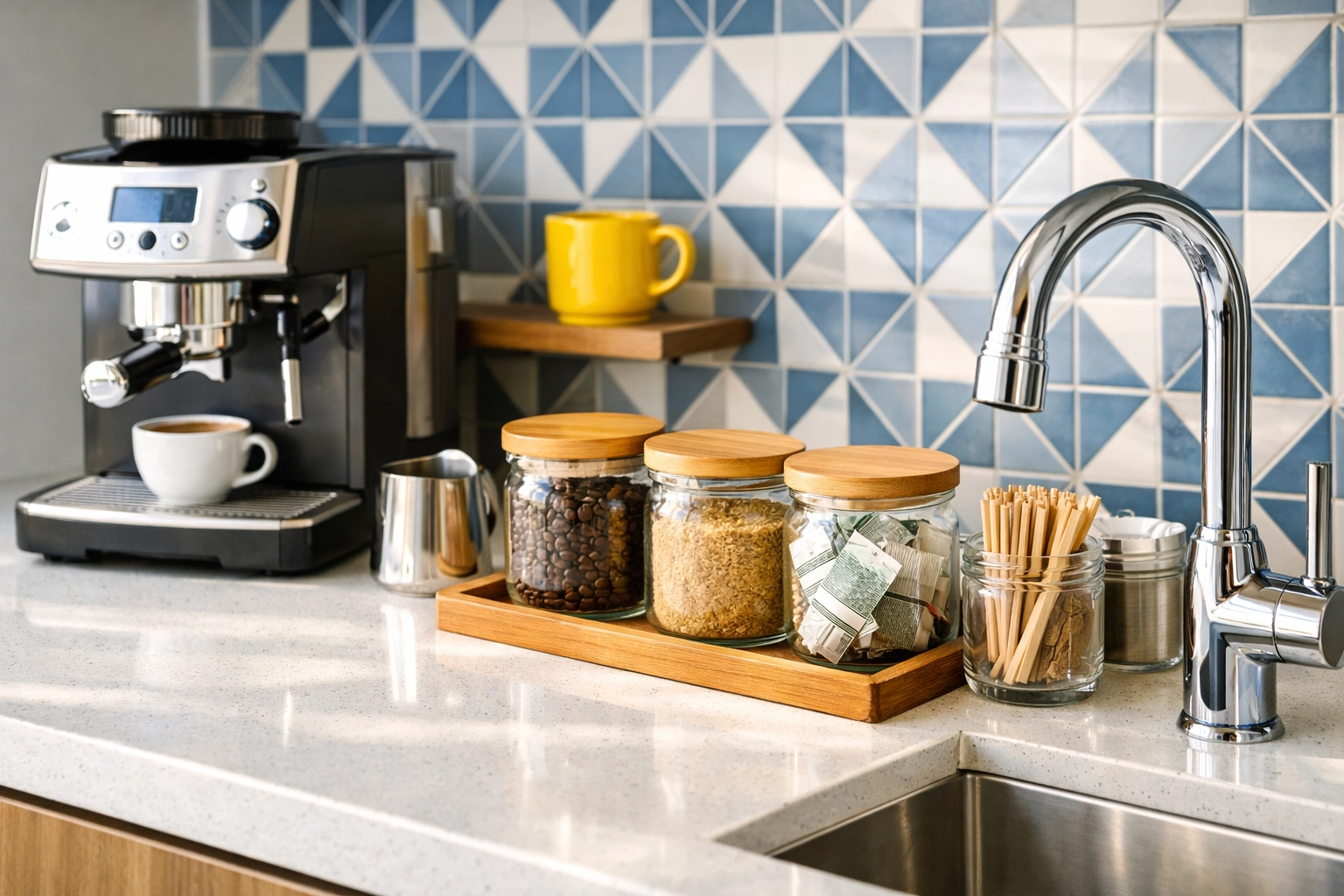 Pristine office breakroom countertop and coffee station cleaned for a productive workday in Pembroke.