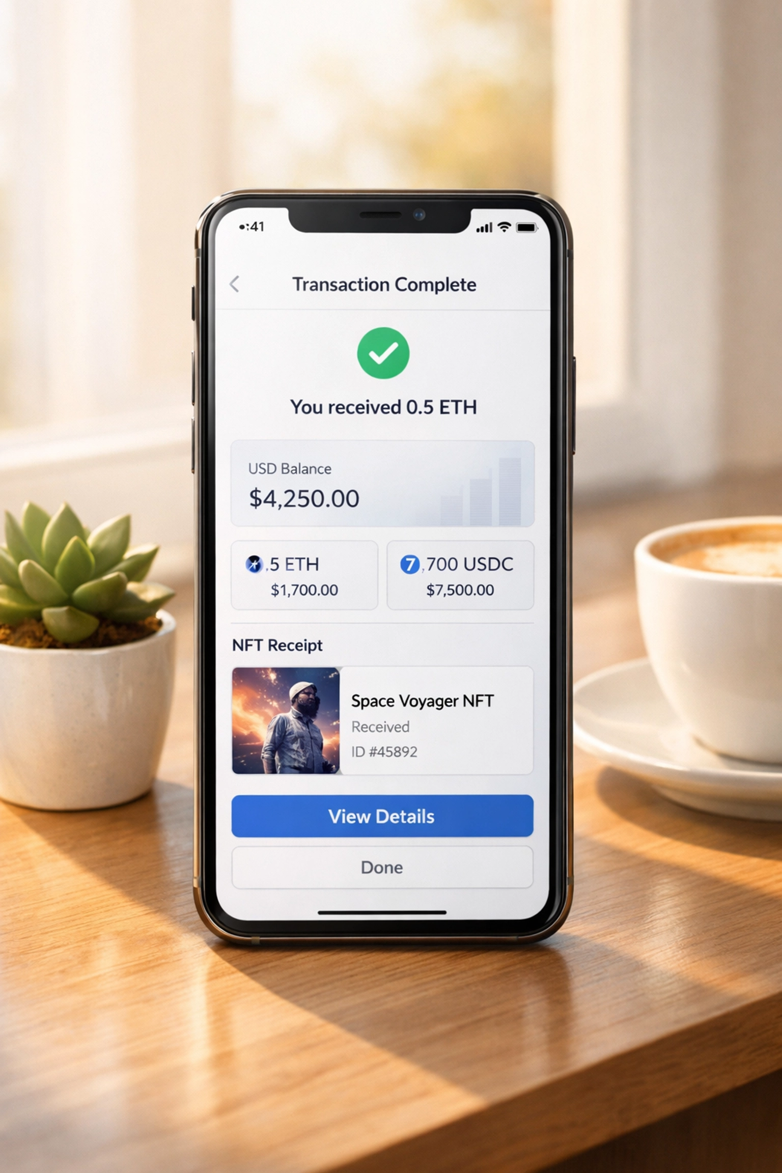 Crypto wallet displaying self-custody merchant transaction with NFT receipt for accounting