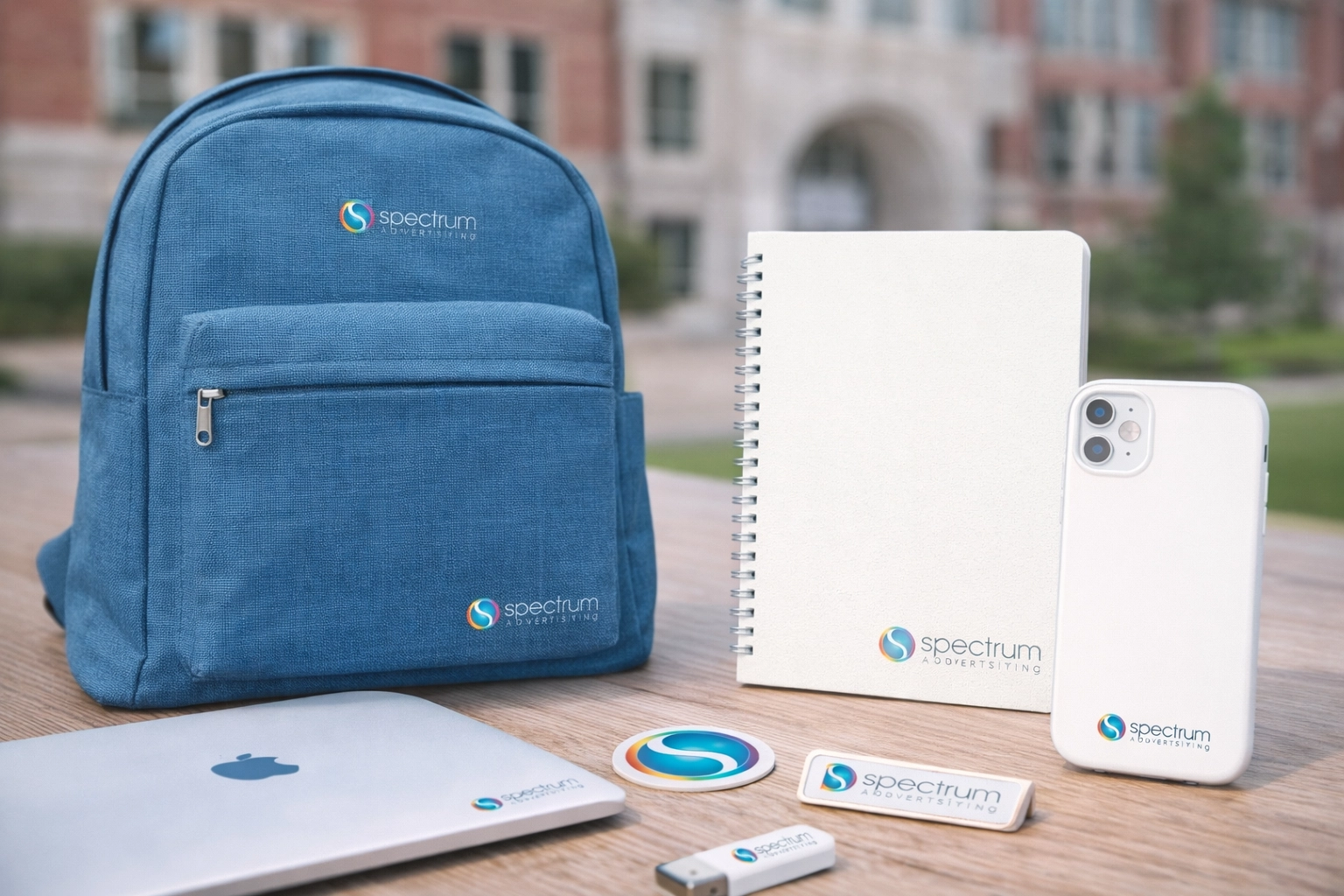 A laptop covered in branded stickers, an open notebook with diagrams and handwritten notes, and a blue Baron Fig backpack displayed on a wooden surface.