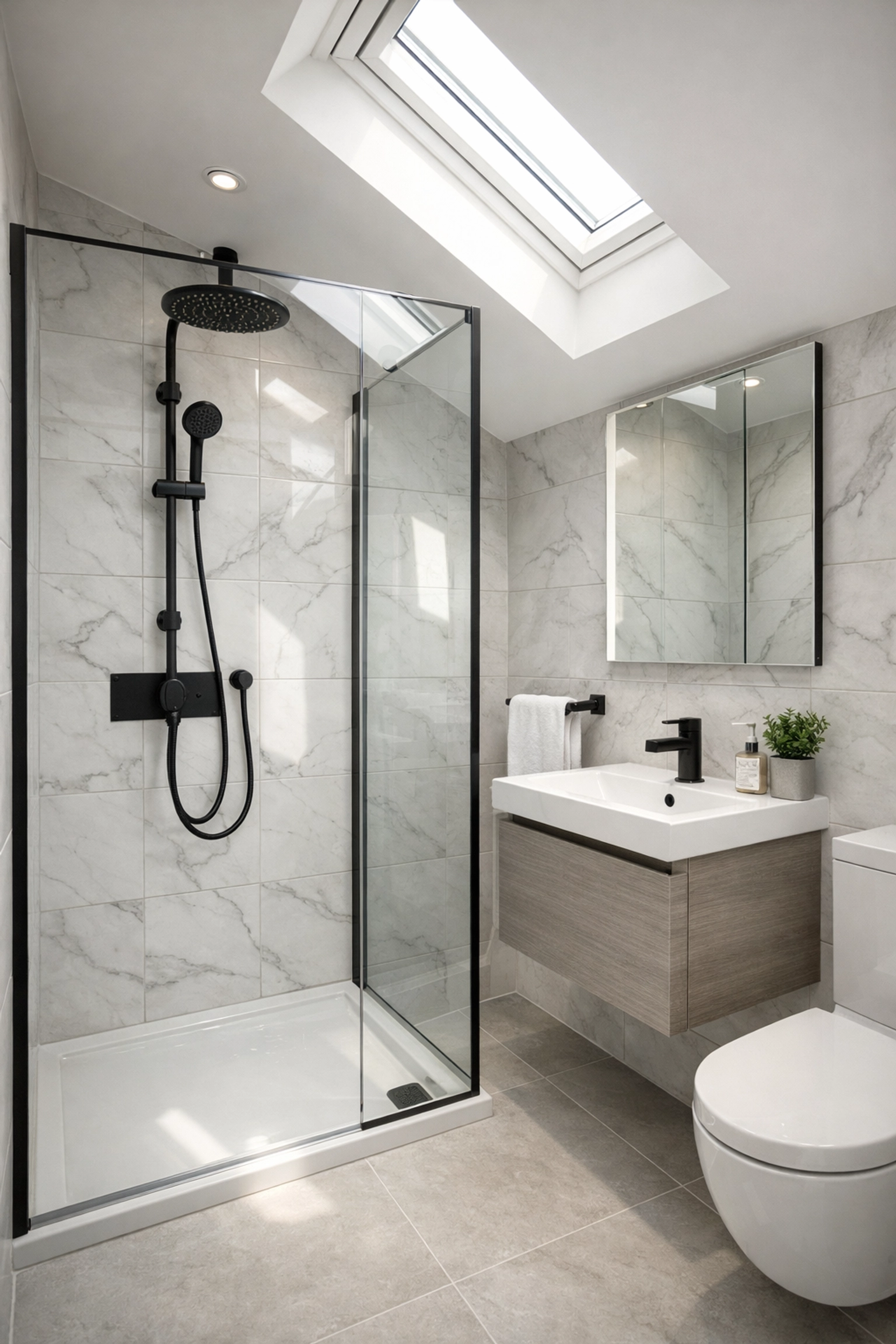 Premium HMO loft conversion ensuite bathroom with matte black fittings and marble-effect tiles.