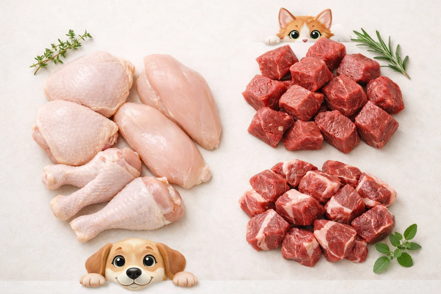 Clean overhead shot of premium UK-sourced raw ingredients: beef, chicken & lamb on a light stone background with playful Hear Me Raw cat & dog mascots
