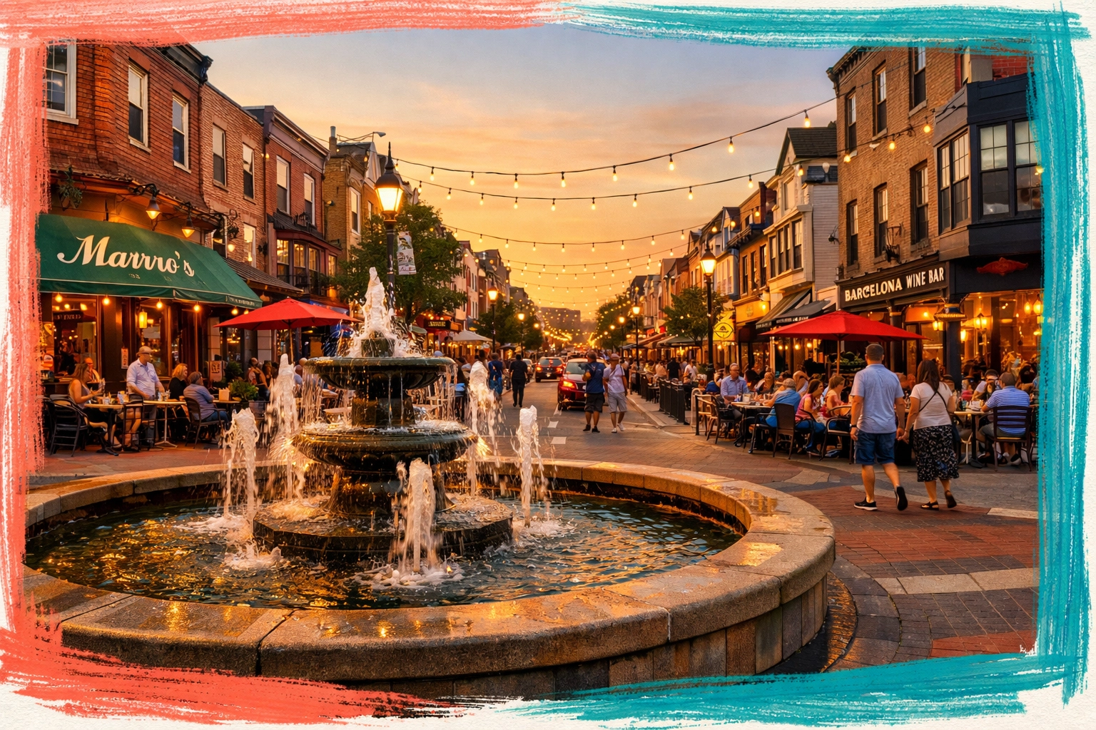 East Passyunk Avenue Singing Fountain with restaurants and outdoor dining in Philadelphia East Passyunk Avenue Singing Fountain with restaurants and outdoor dining in Philadelphia