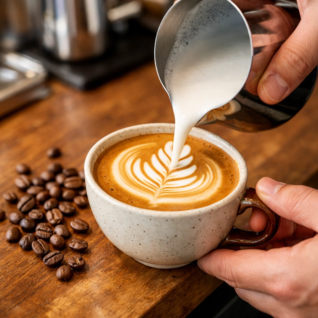 Professional barista pouring latte art with premium specialty coffee beans