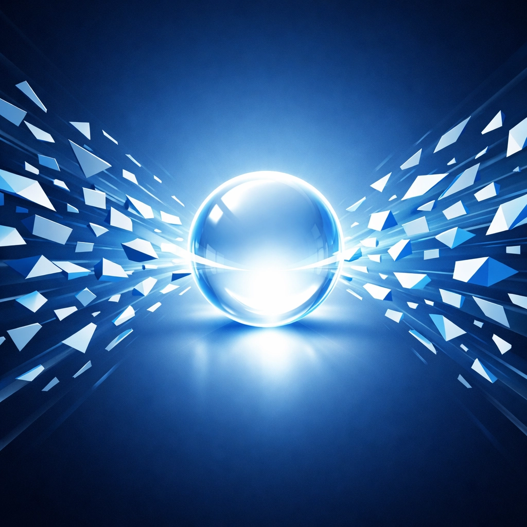 Centralized glowing orb pulling in data shards to represent a unified custom software solution.