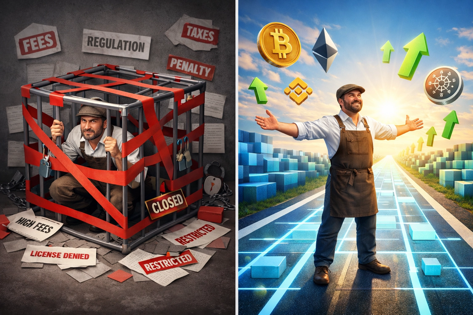 Side-by-side comparison: restricted merchant vs free merchant using decentralized crypto payments