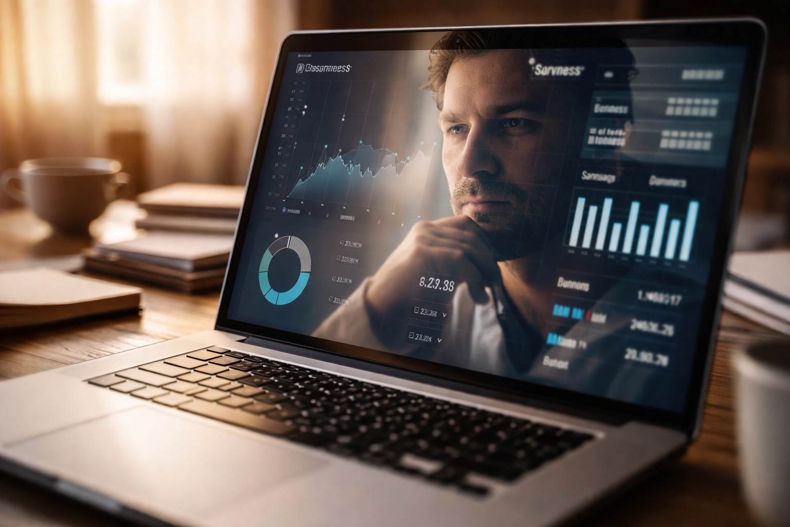 Startup founder reflected in laptop with performance charts, showing identity fusion in business.