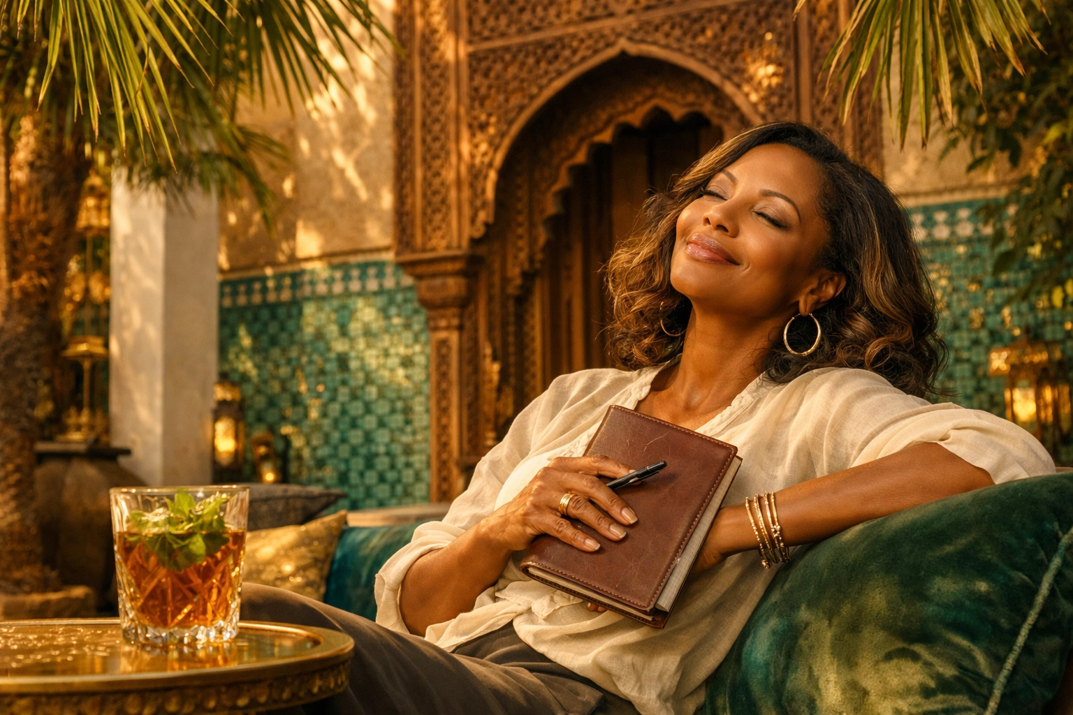 A woman finding inspiration in a luxury riad, highlighting the transformative power of culturally immersive travel.