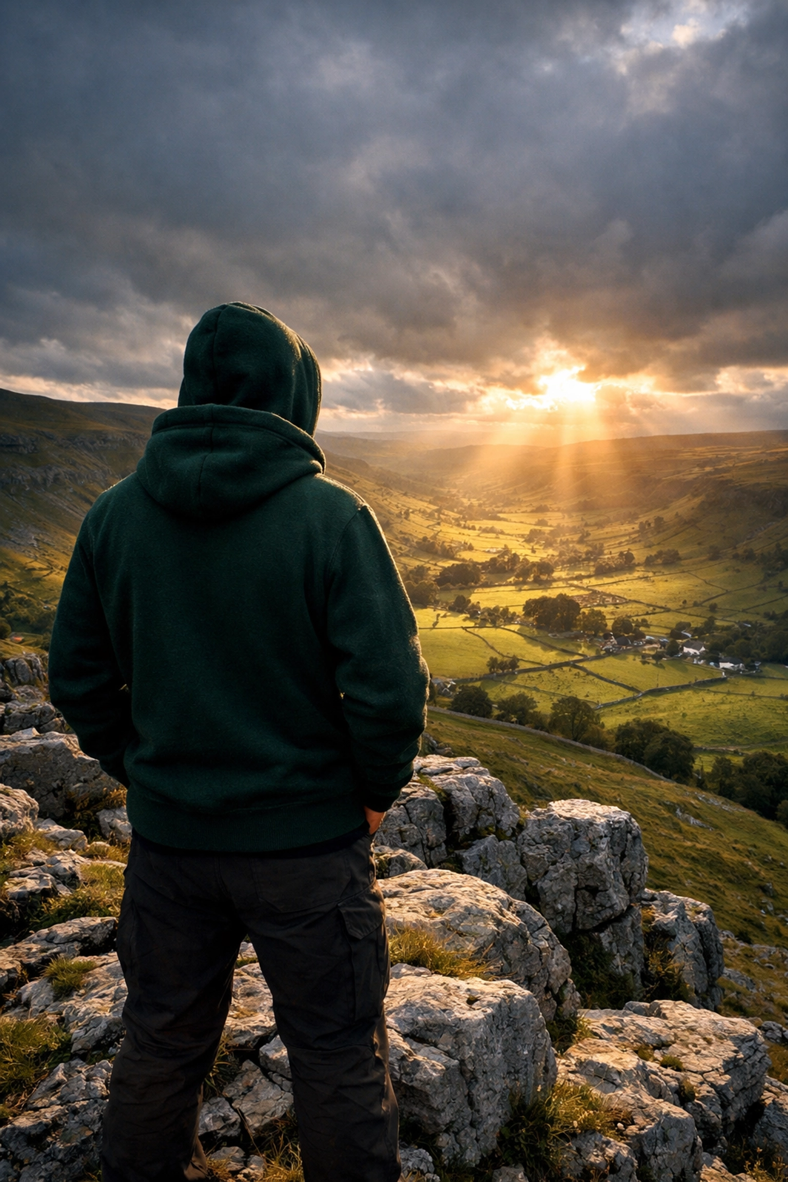 Durable dark green Yorkshire hoodie worn on a scenic hike overlooking God's Own Country.