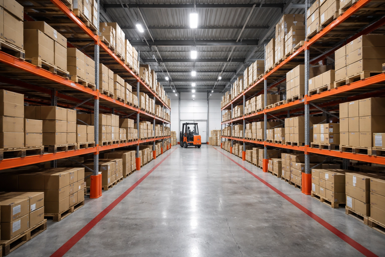 Modern managed warehouse interior in Hertford with organised shelving and storage boxes for hassle-free logistics