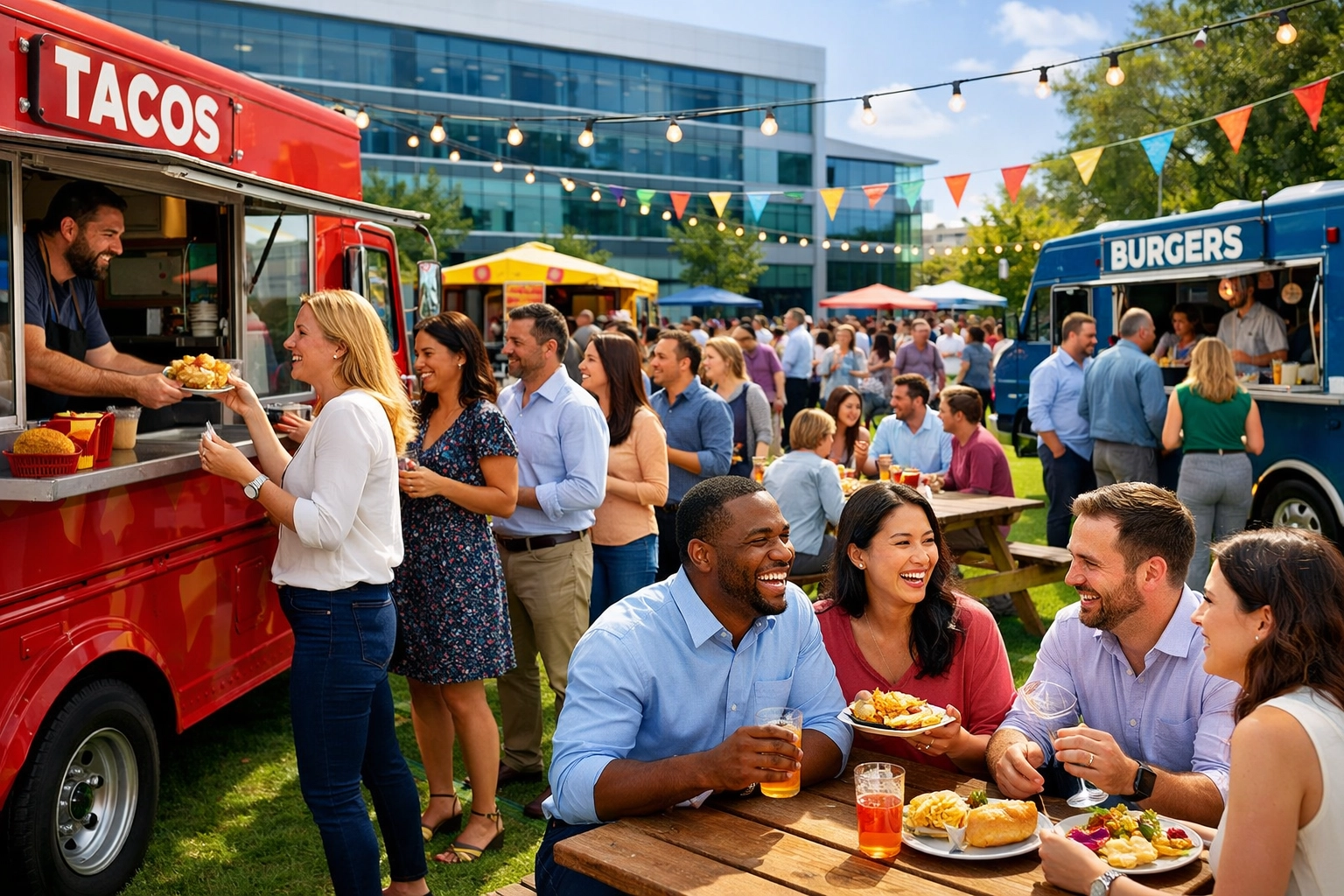 Corporate summer event with food truck catering and happy employees