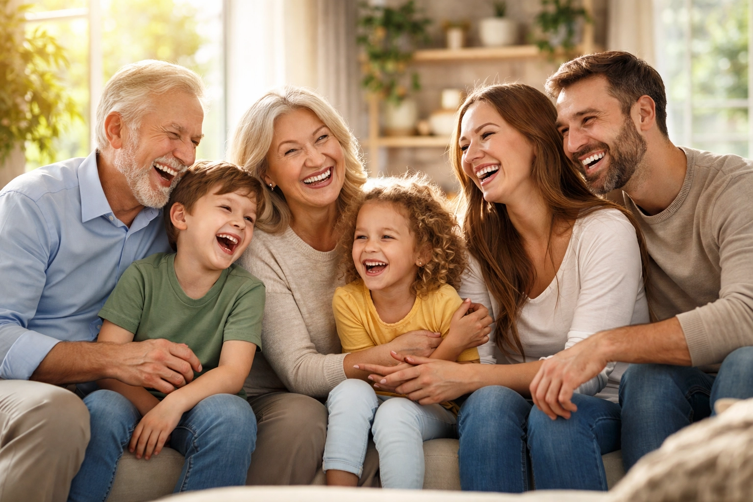 Multi-generational family smiling together in a sunlit living room, illustrating financial security and IUL legacy benefits.