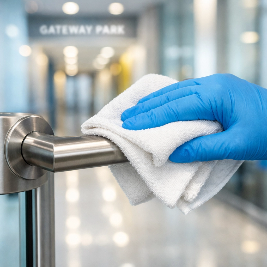 Professional office cleaning in Worcester near Gateway Park, disinfecting a stainless steel door handle.