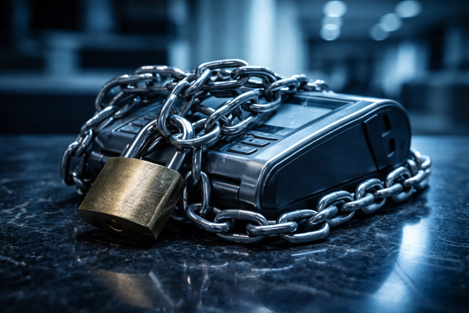 Padlock and chain on payment terminal symbolize high risk merchant account restrictions