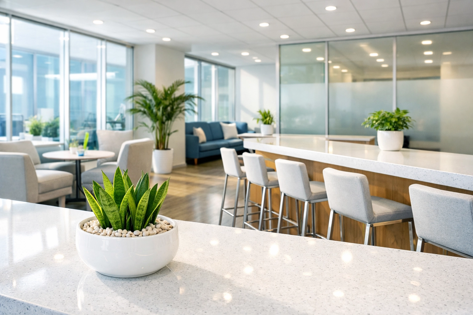 A bright, hygienic modern office lounge reflecting premium commercial cleaning care in Westchester.