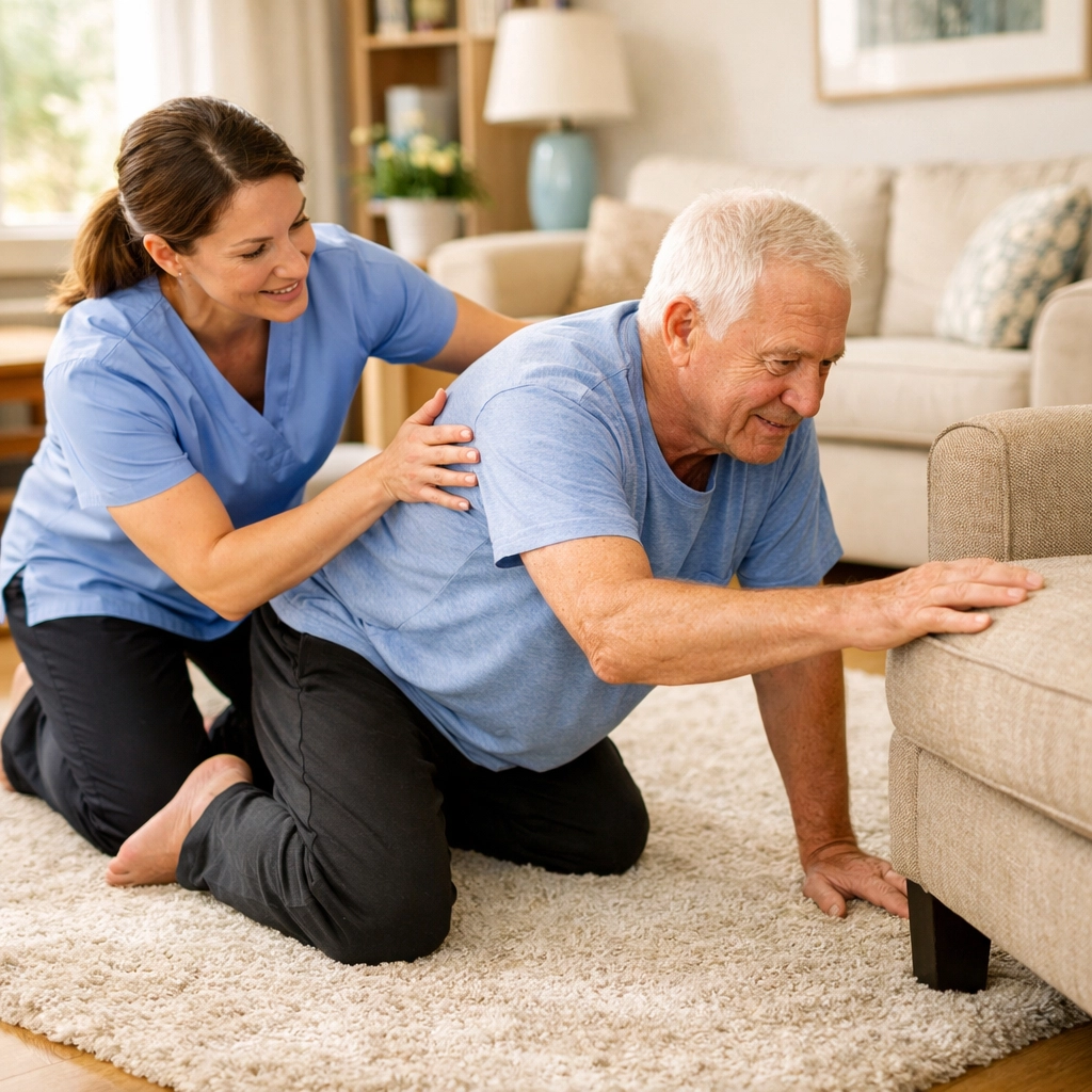 Physical therapist helping senior practice safe fall recovery technique at home