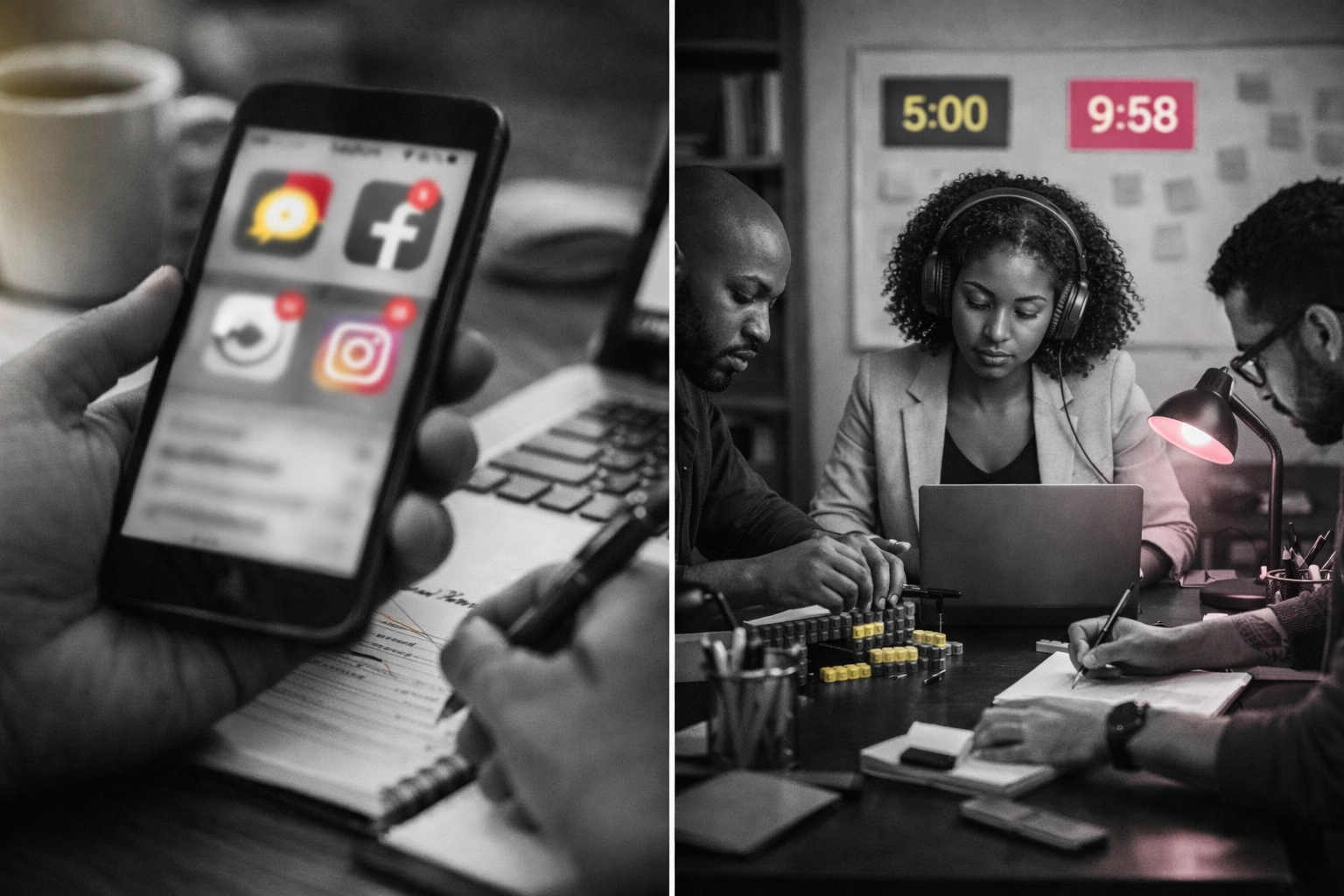 Comparison of social media distractions versus focused Black woman entrepreneur workspace for strategic building