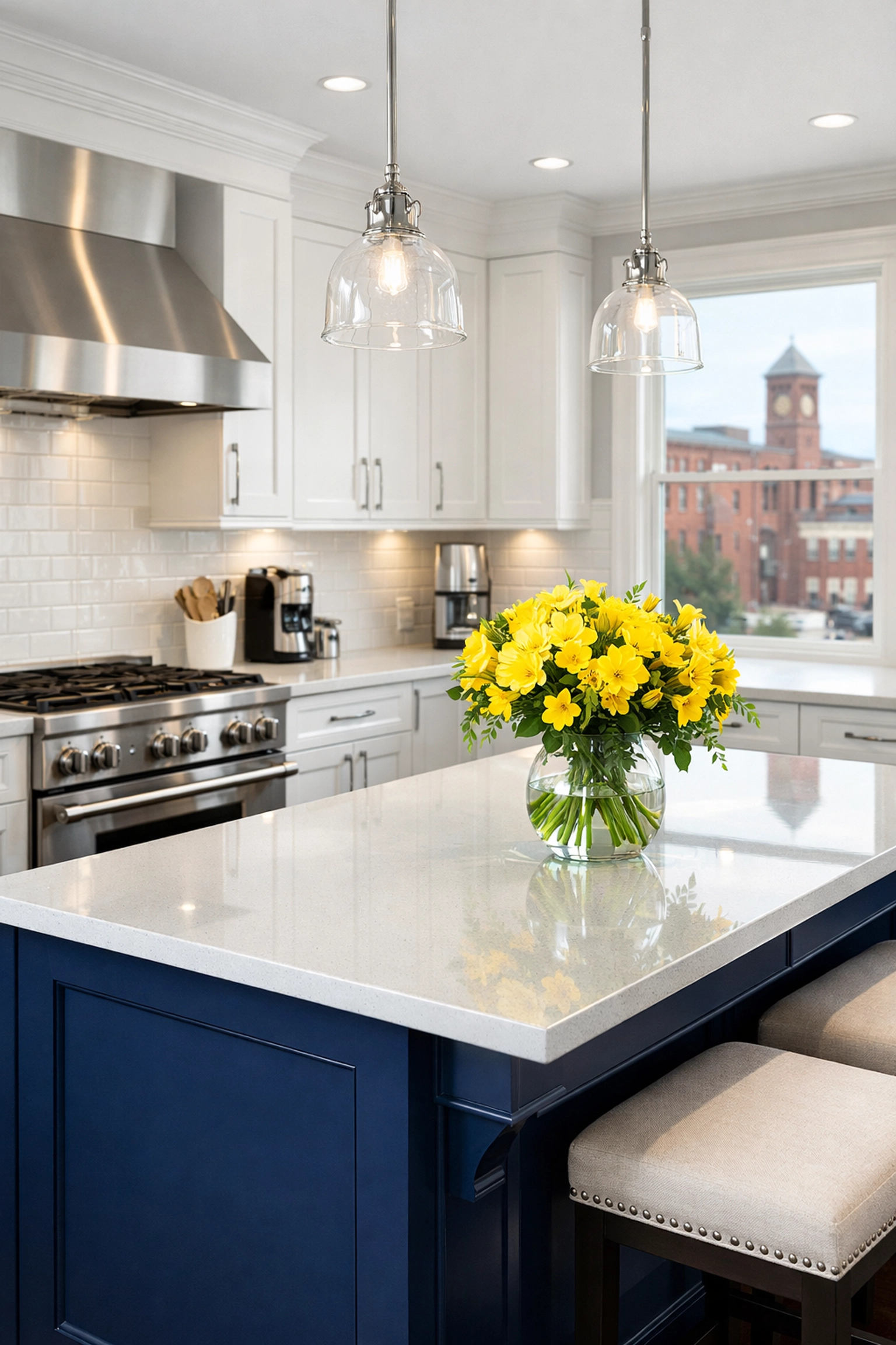 Sparkling clean kitchen in Lowell MA with polished countertops and white cabinets after professional cleaning.