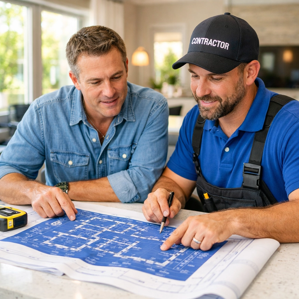 Orlando homeowner and contractor reviewing remodeling blueprints during consultation
