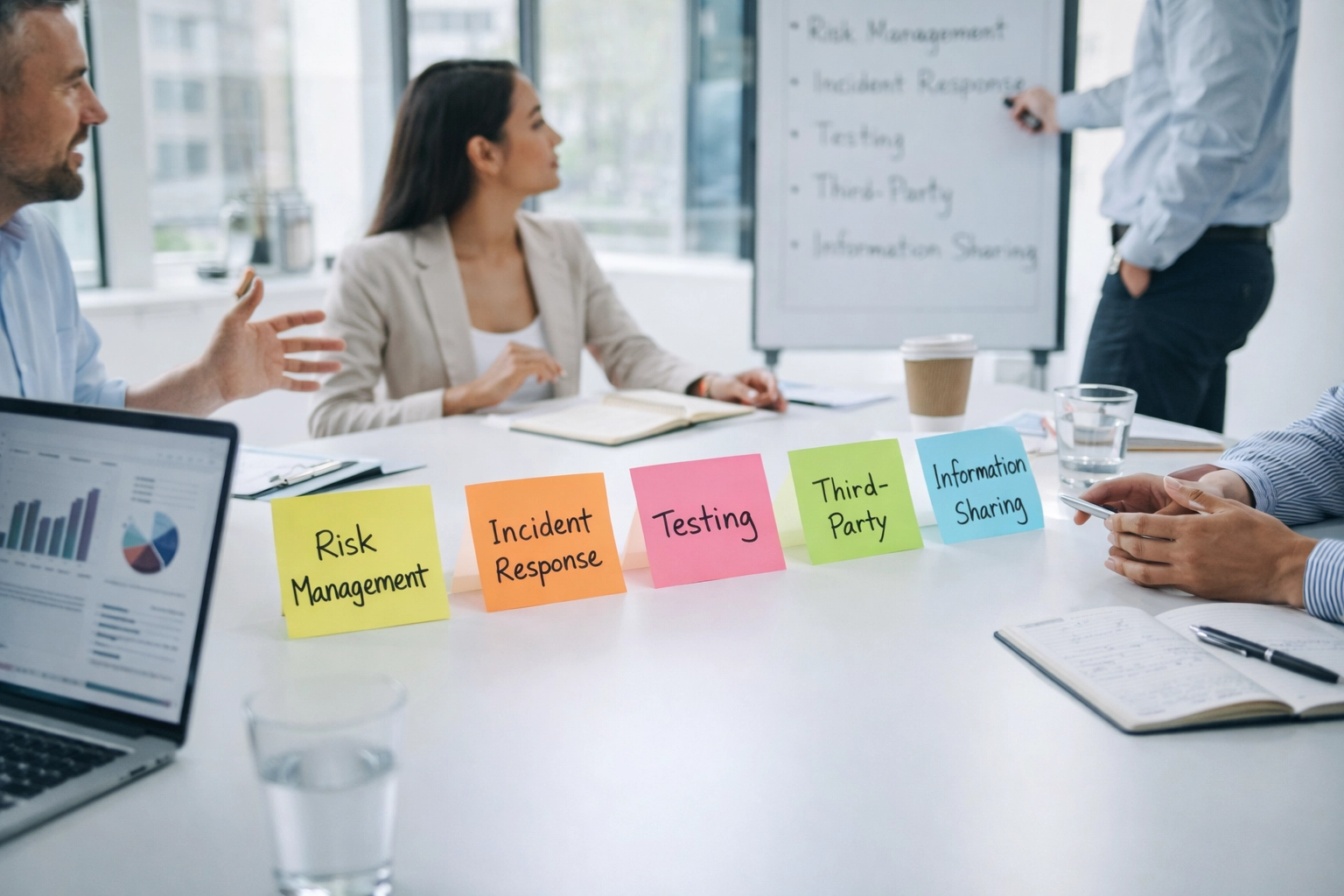 Five interconnected DORA compliance pillars showing risk management, incident response, and testing frameworks