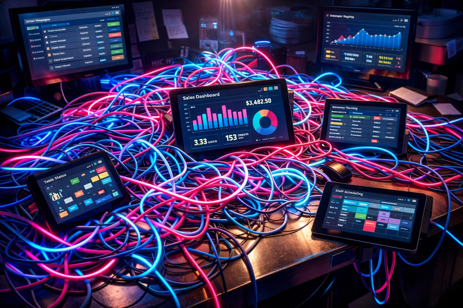Tangled cables and multiple tablets showing disconnected restaurant technology systems creating tech spaghetti