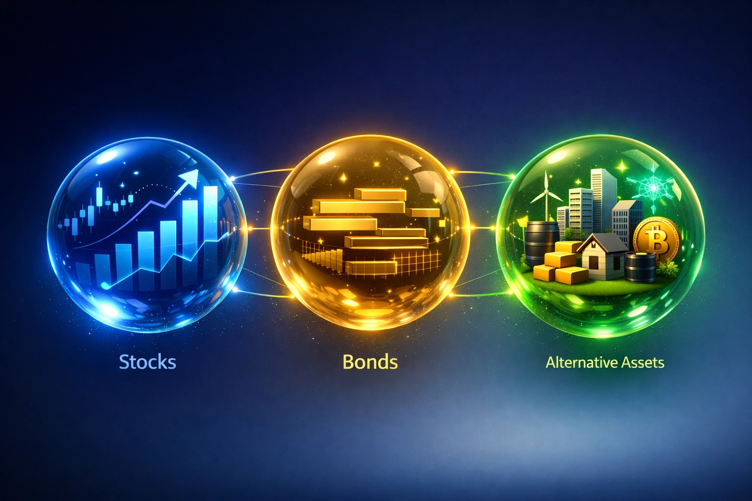 Three interconnected asset classes: equities, fixed income, and alternative investments