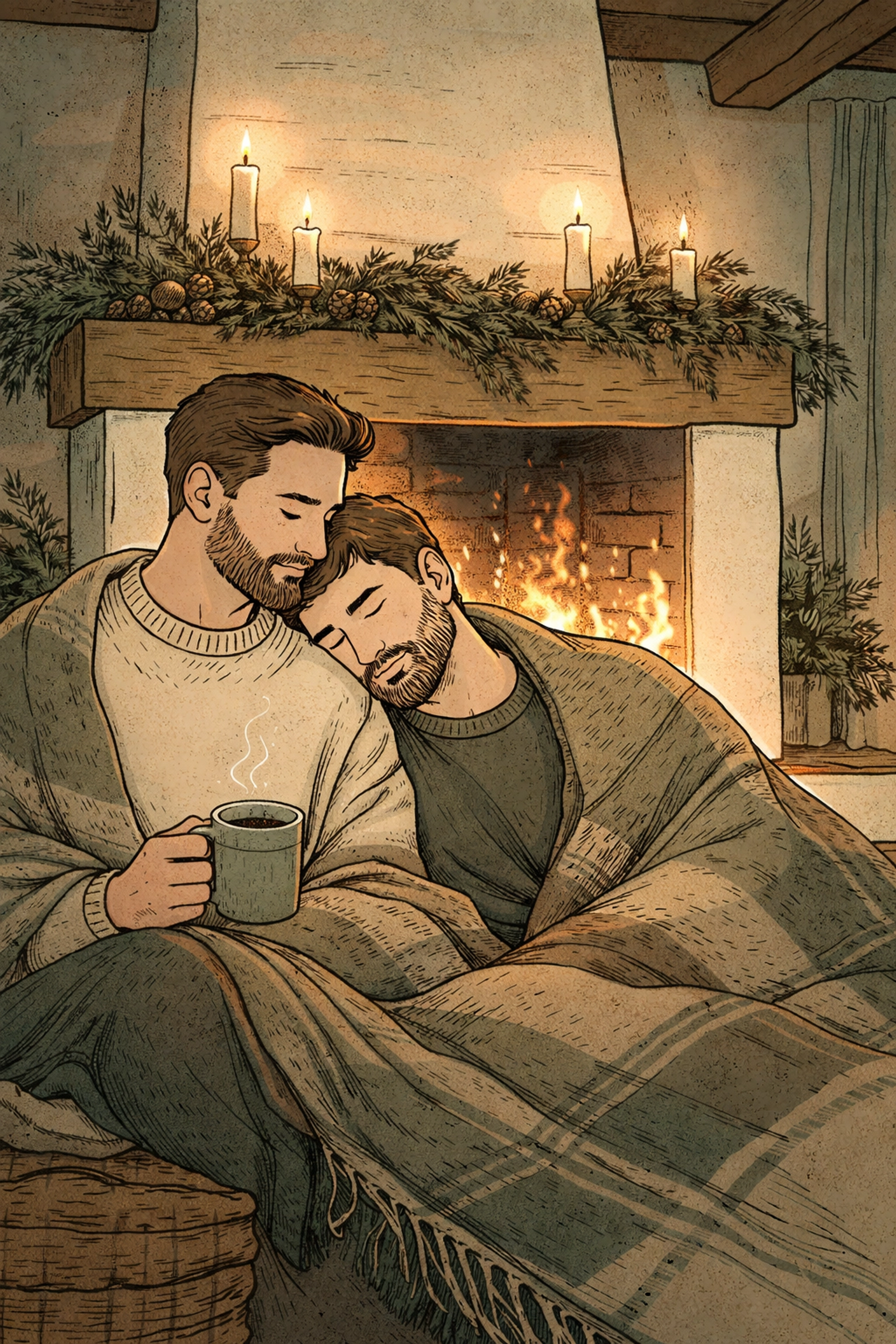 MM couple shares a cozy hygge moment by the fireplace in a rustic Danish farmhouse with gløgg