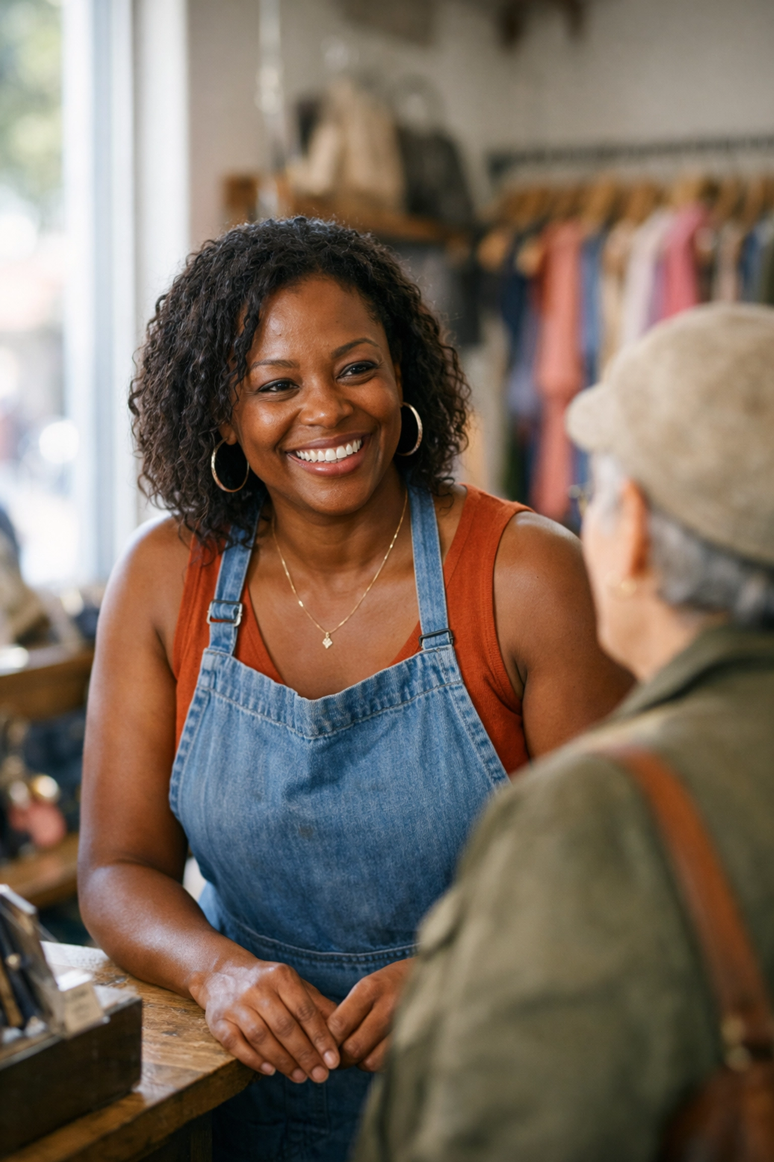 Black female boutique owner greeting a customer to build community-based business networks.