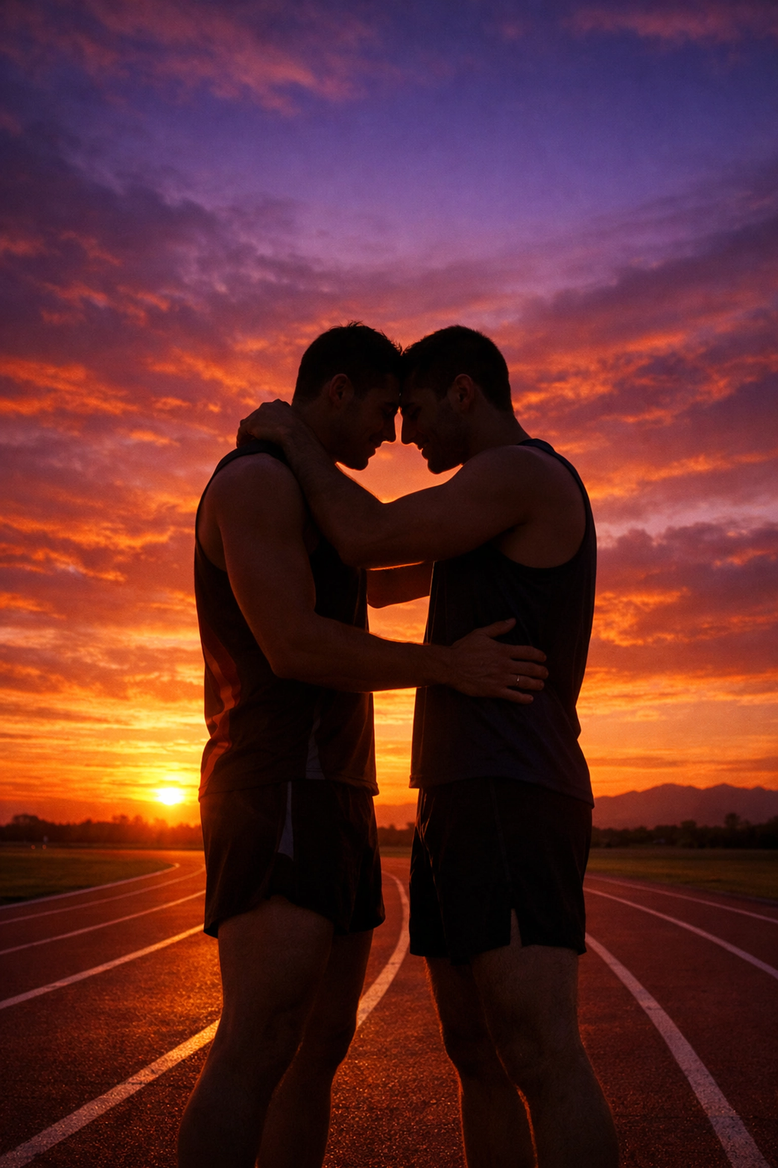 Two athletes embracing on a track at sunset, capturing the emotional resolution of an enemies to lovers MM romance.