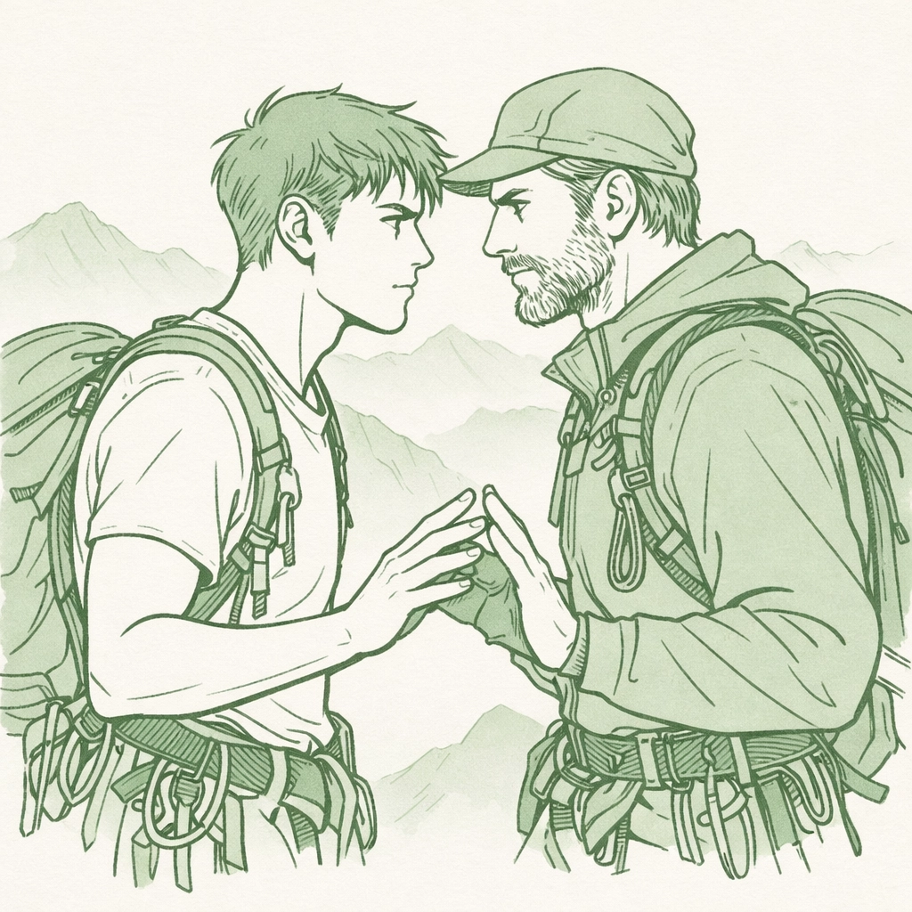 Two male climbers share intense moment at mountain summit in MM age-gap romance