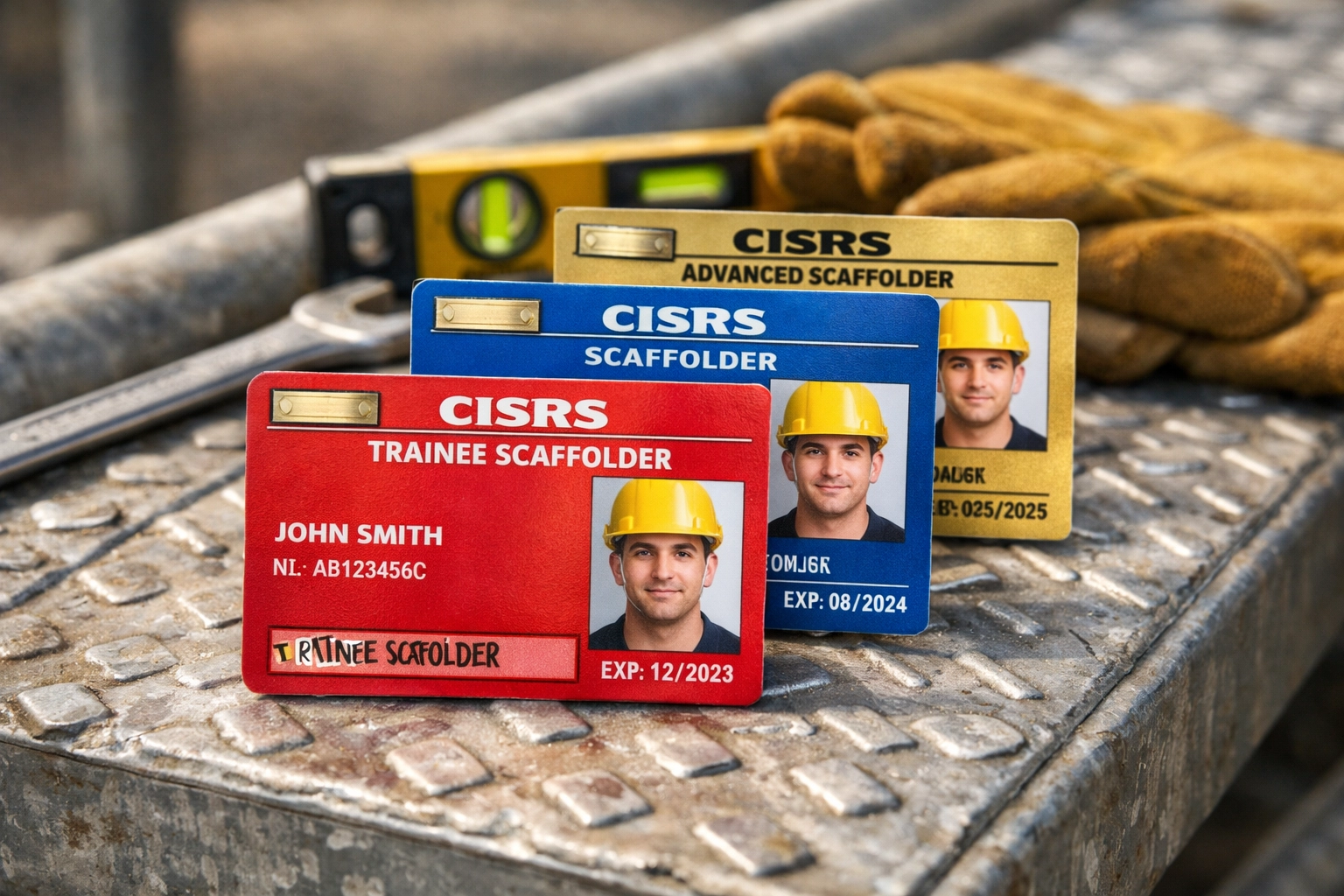 Three CISRS scaffolder qualification cards showing trainee, scaffolder and advanced certification levels