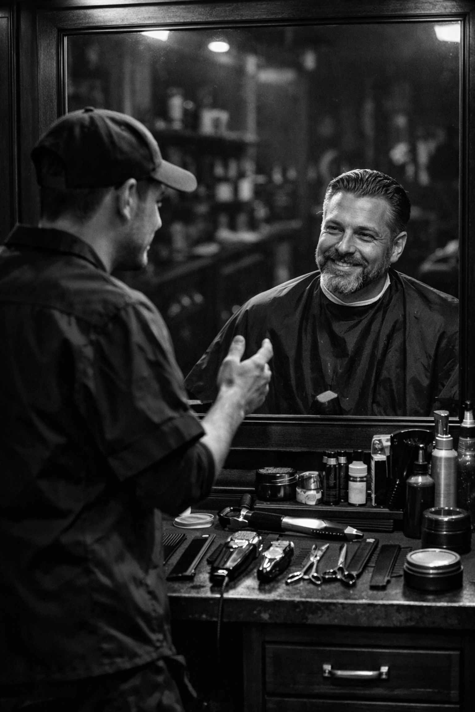 Student barber consulting with satisfied client about haircut style in barbershop mirror