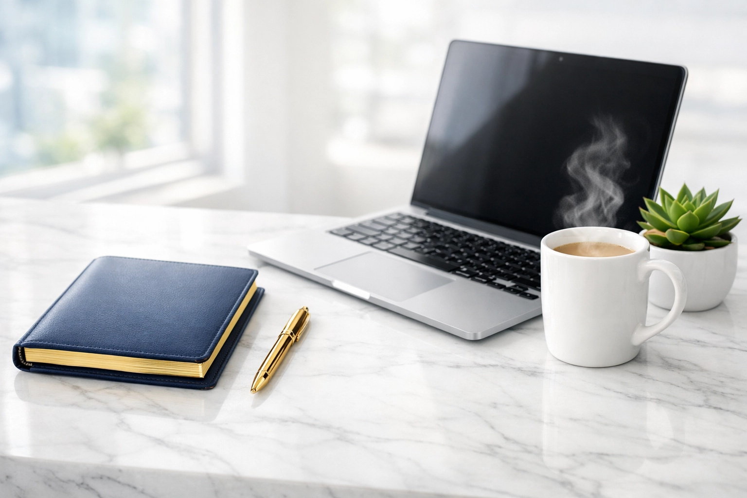 Organized marble desk with laptop and planner representing professional bookkeeping and financial clarity.