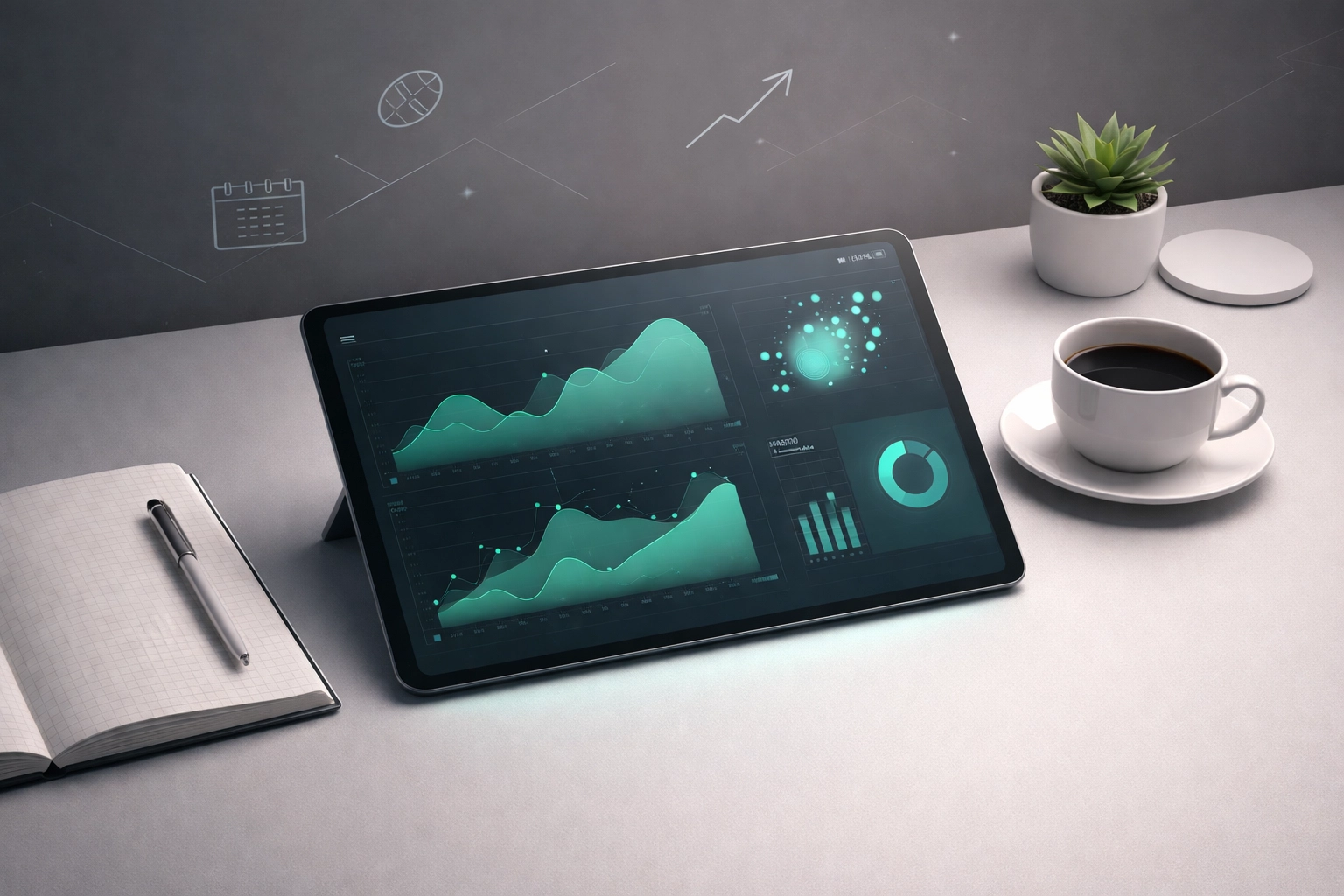 Betting workspace with tablet displaying xG data and notebook for tracking BTTS betting records