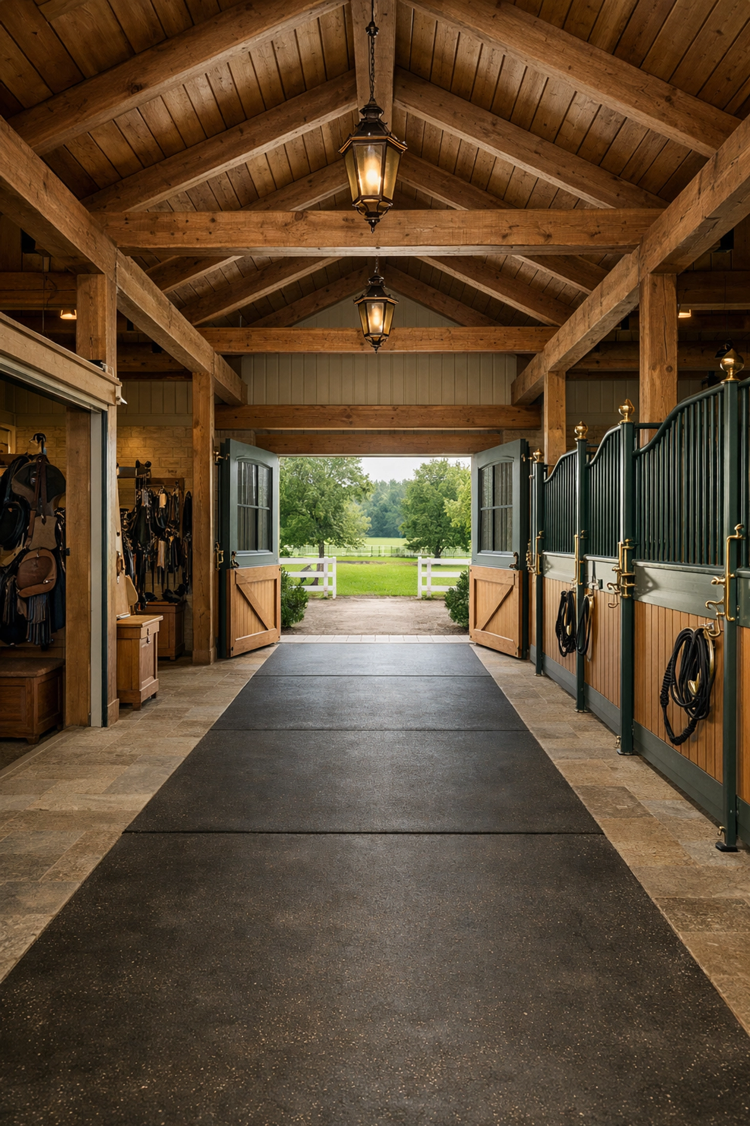 Well-designed horse barn interior with center aisle, Dutch doors, and organized tack room