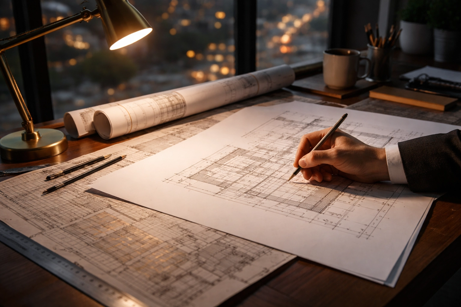 Architect’s desk with blueprints and fresh plans, illustrating precise reconstruction in performance coaching for executives