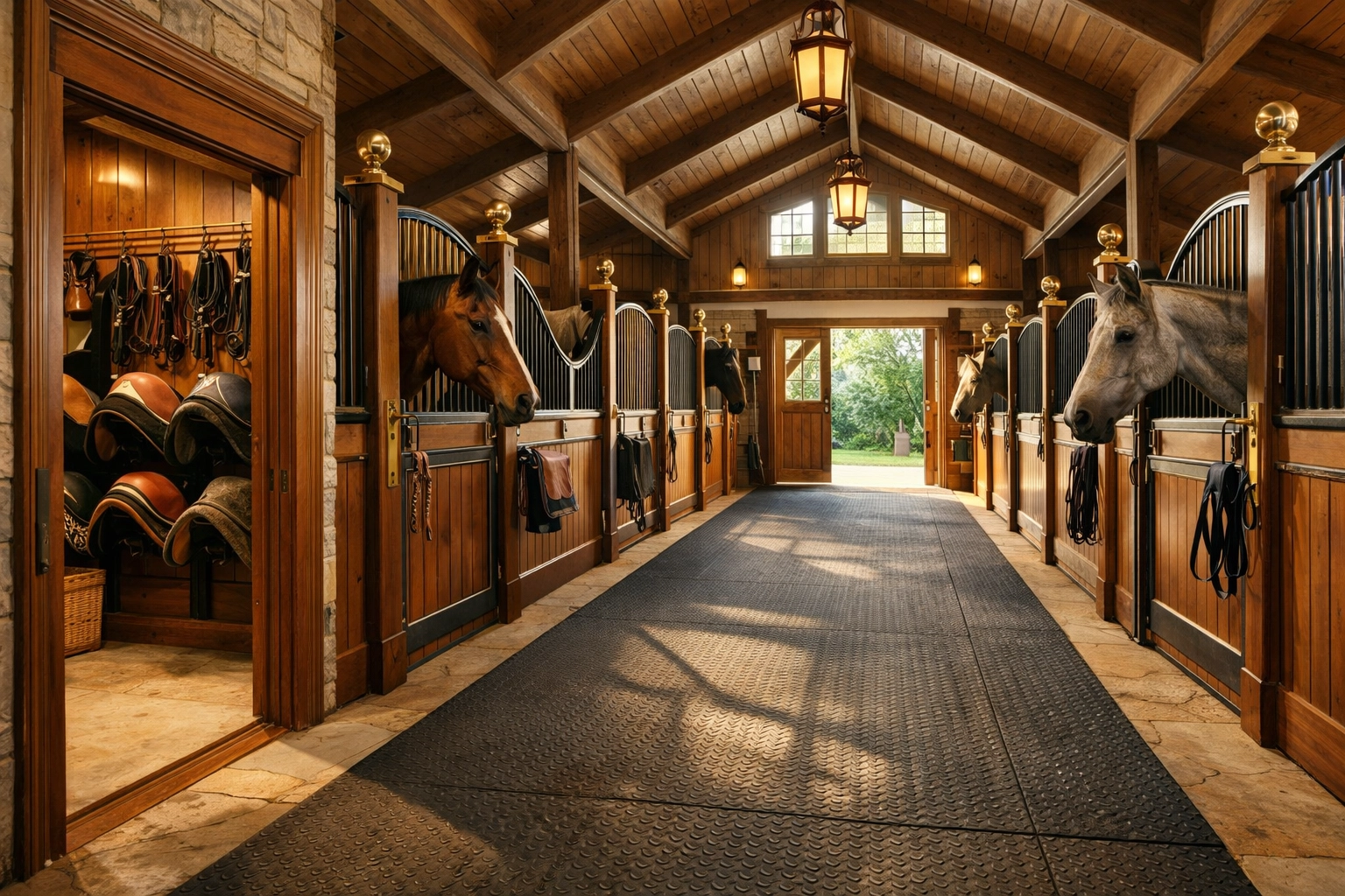 Professional equestrian barn interior with organized tack room and horse stalls in Waxhaw NC