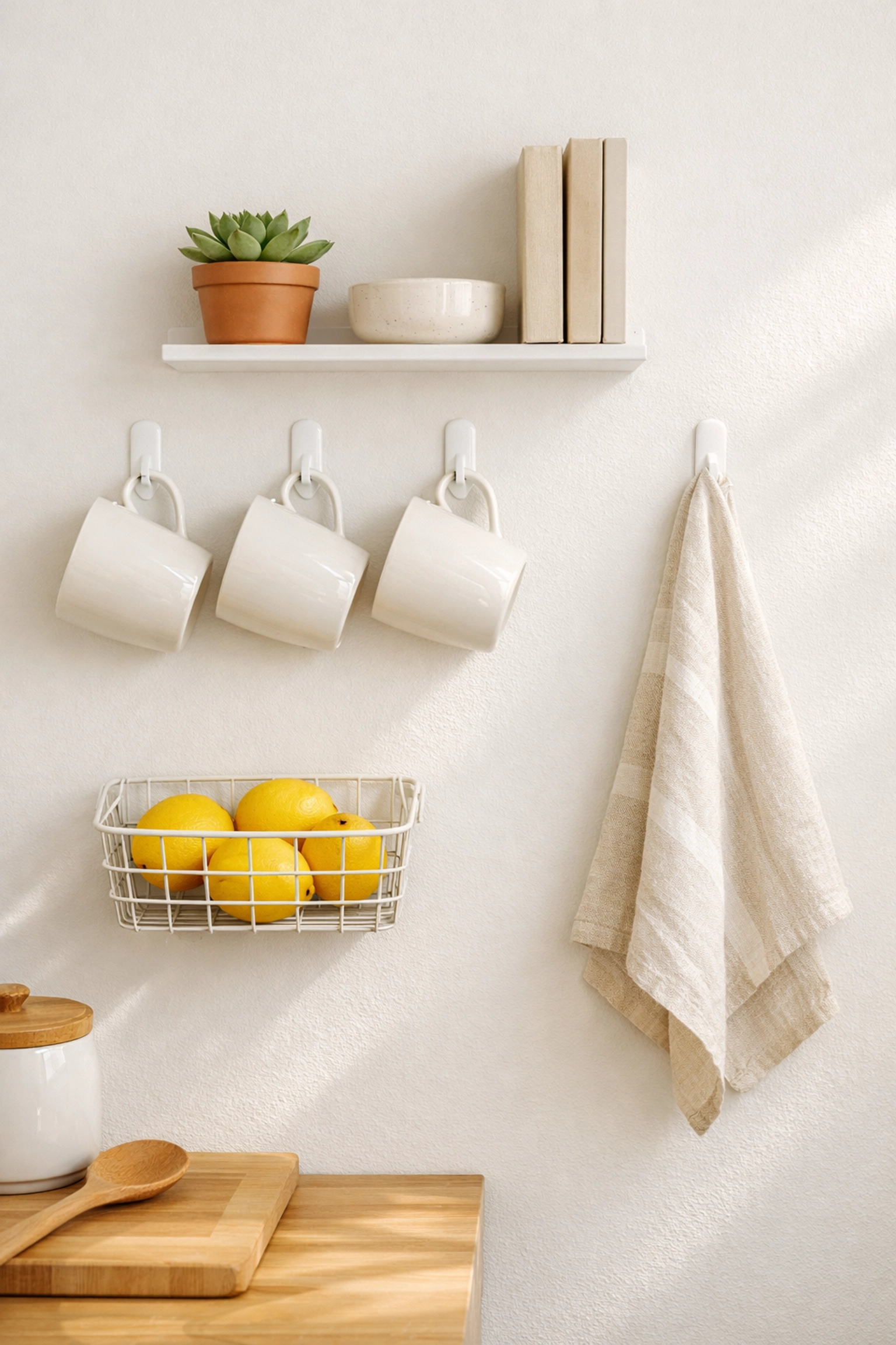 Command hooks holding mugs and basket on kitchen wall with floating shelf and plant