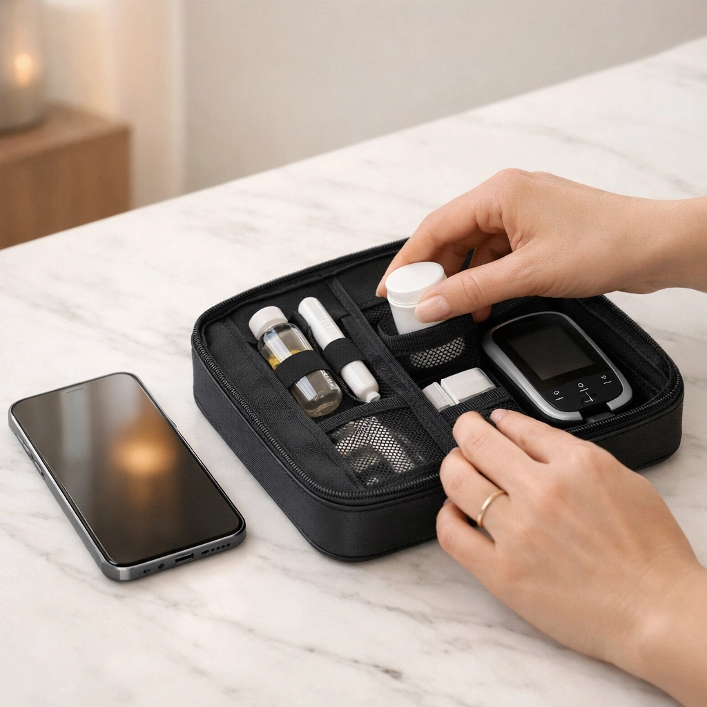 Hands organizing a GLP-1 travel case, illustrating strategic ways to find the cheapest glp 1 price.
