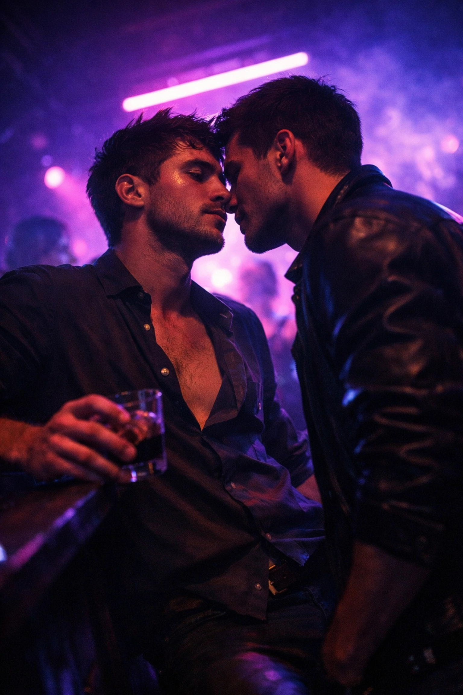 Two men share an intimate moment in a nightclub - MM romance with blurred boundaries