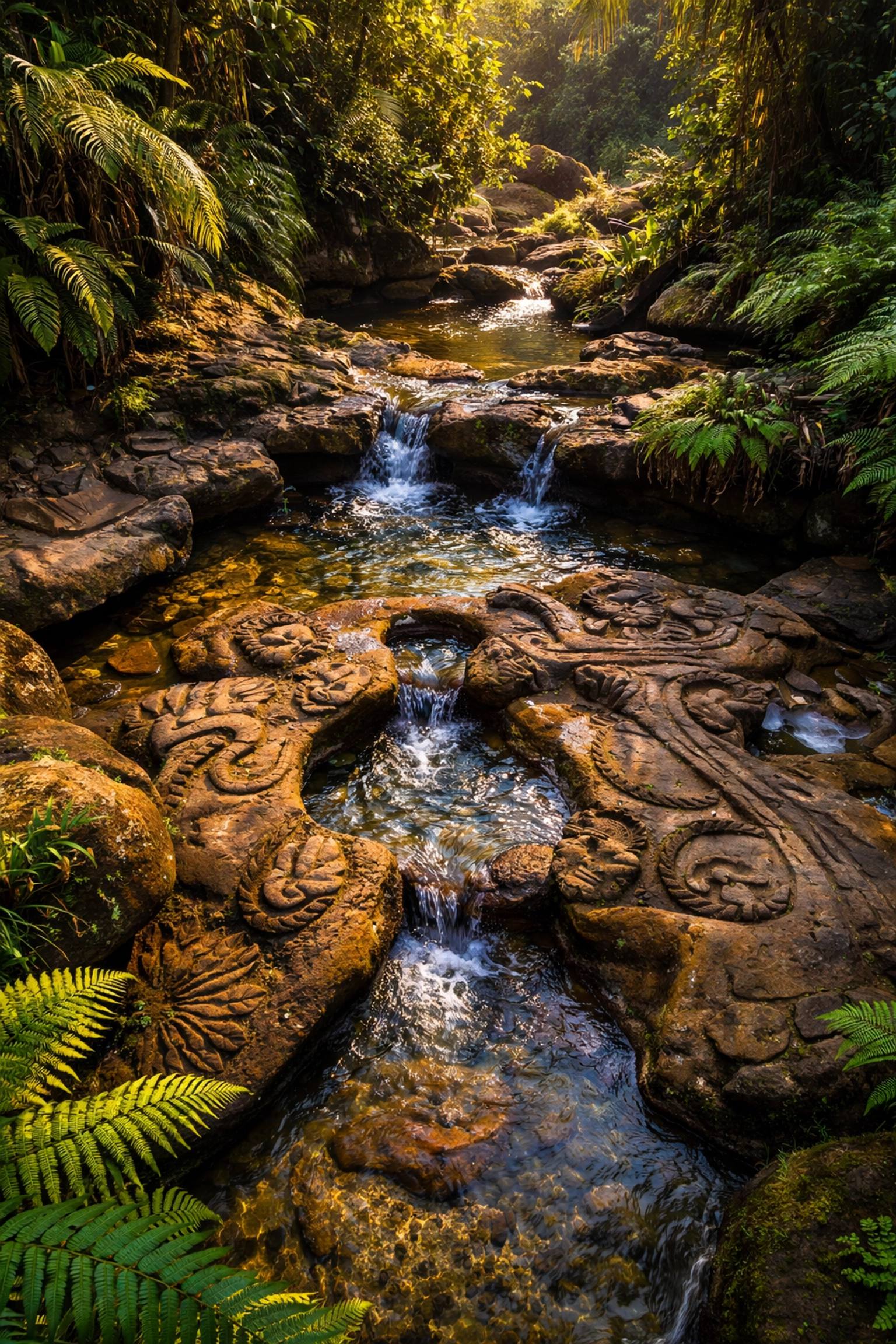 Fuente de Lavapatas sacred fountain with carved serpents and faces in the riverbed at San Agustín