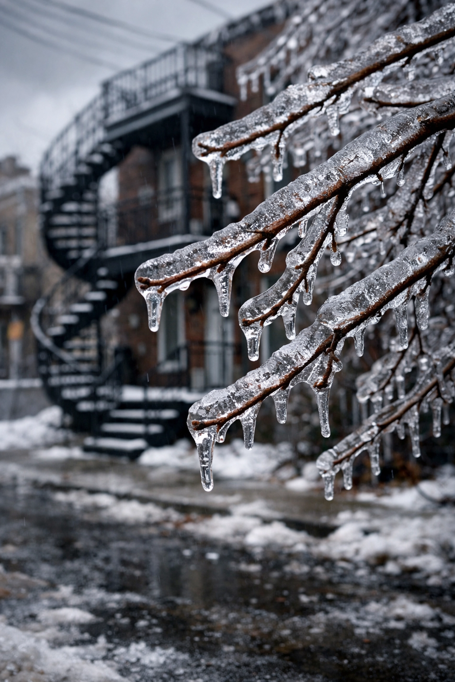 Montreal street scene with ice-covered tree branches and a classic duplex during a March ice storm.