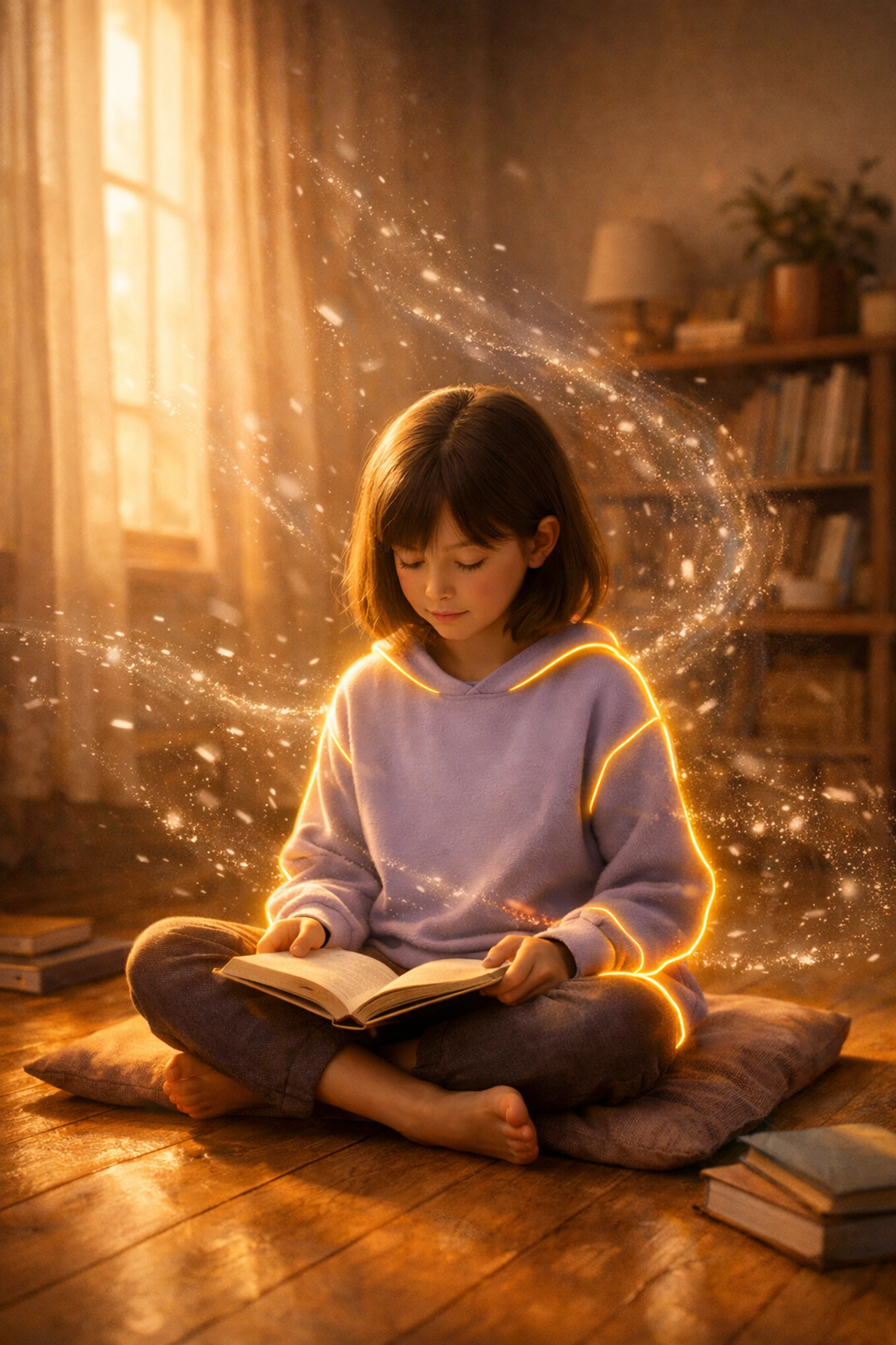 A girl sitting calmly and reading in a lavender sensory sweatshirt for grounding support.