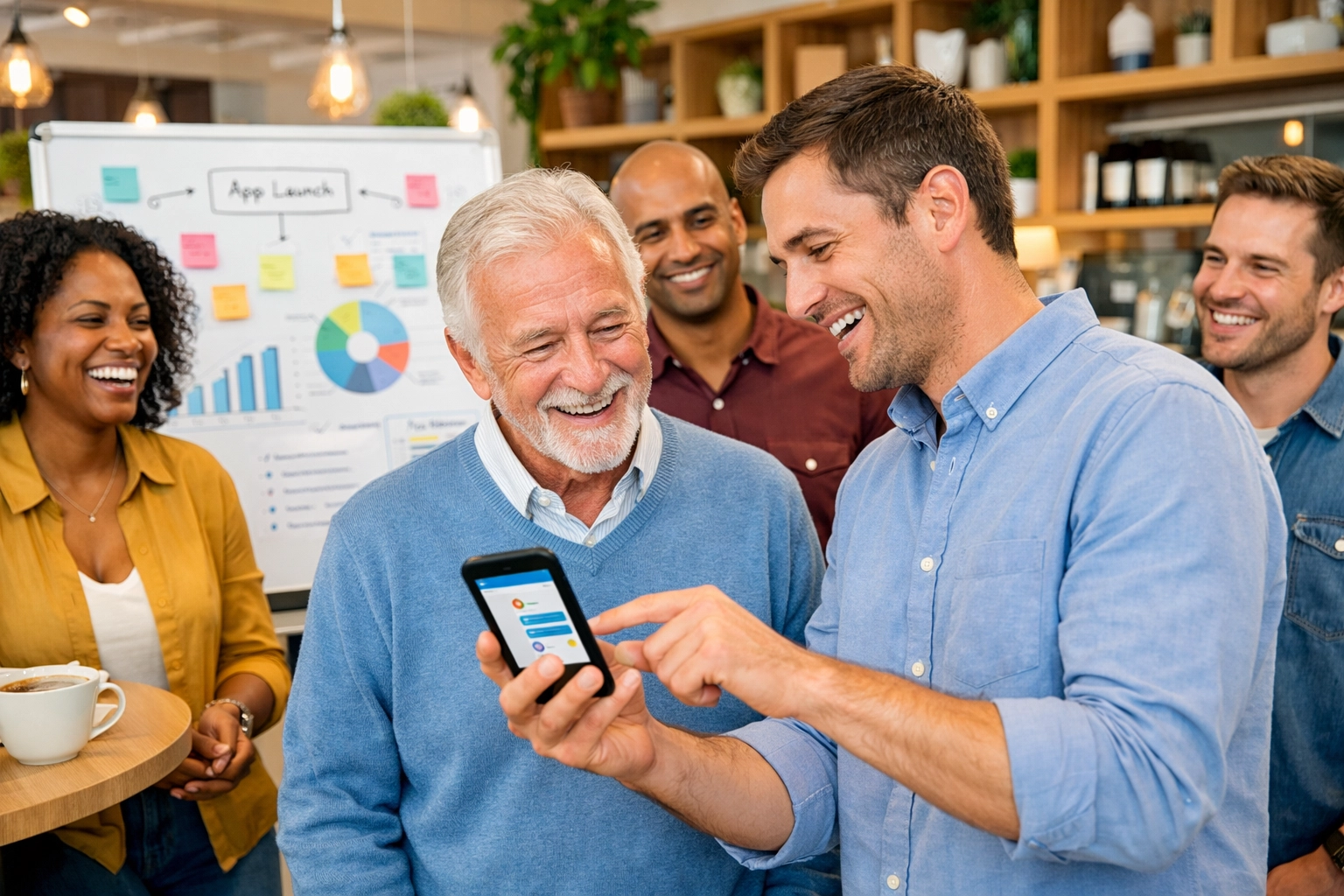 Employees discussing ServiceNow organizational change management and self-service portal adoption.