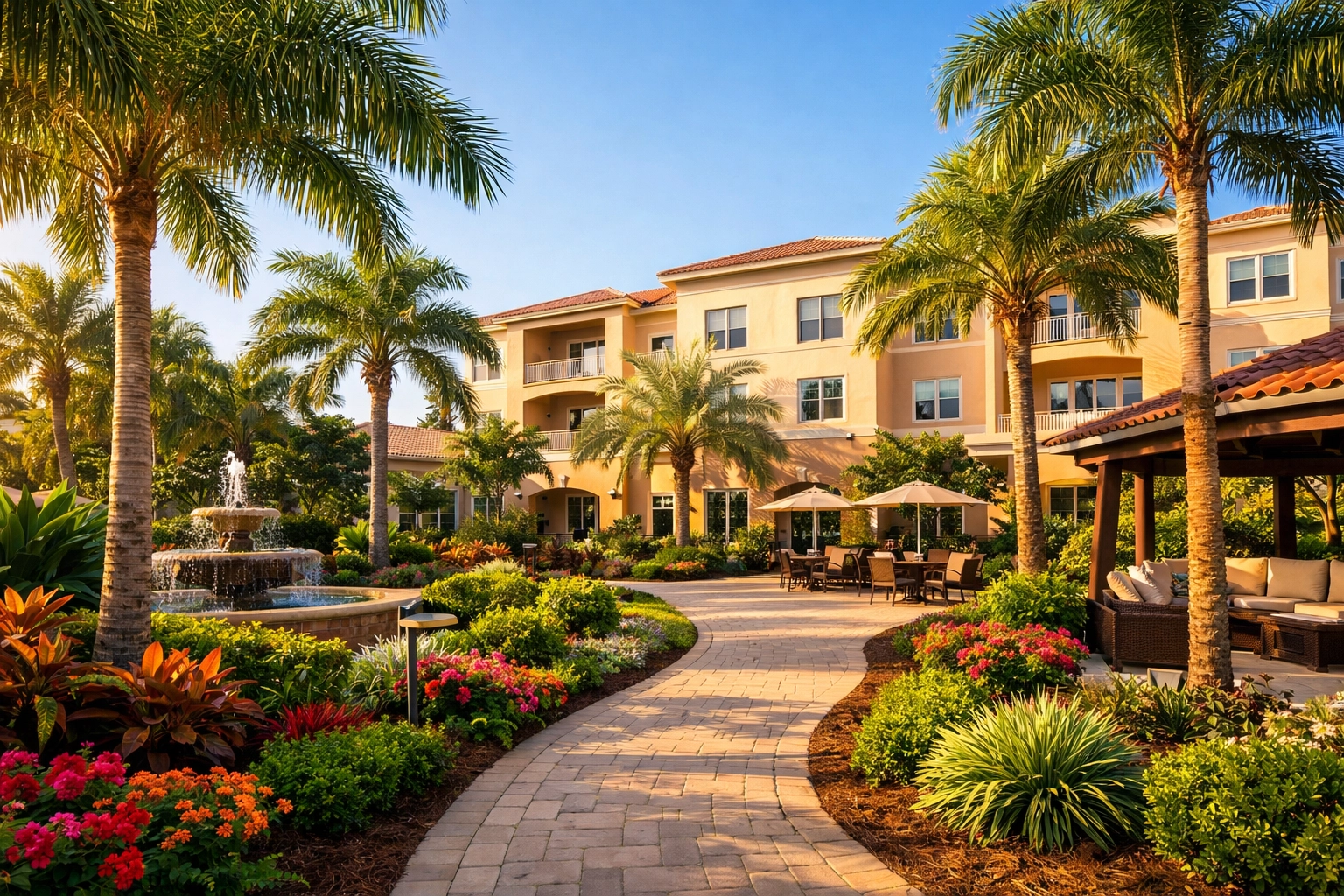 Lush tropical courtyard at a premium senior living community in Sarasota, Florida.