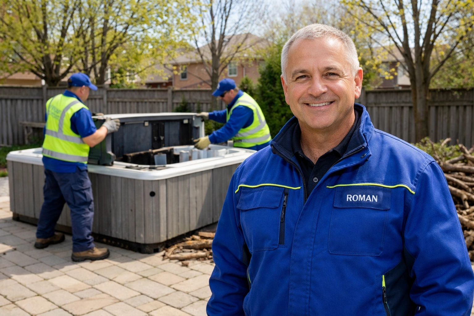 Junk GTA team performing heavy lifting seasonal yard cleanup and hot tub removal in a Newmarket backyard.
