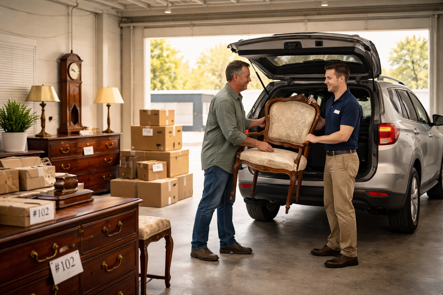 Estate auction pickup day with staff assisting buyer loading antique furniture, showcasing seamless client experience.