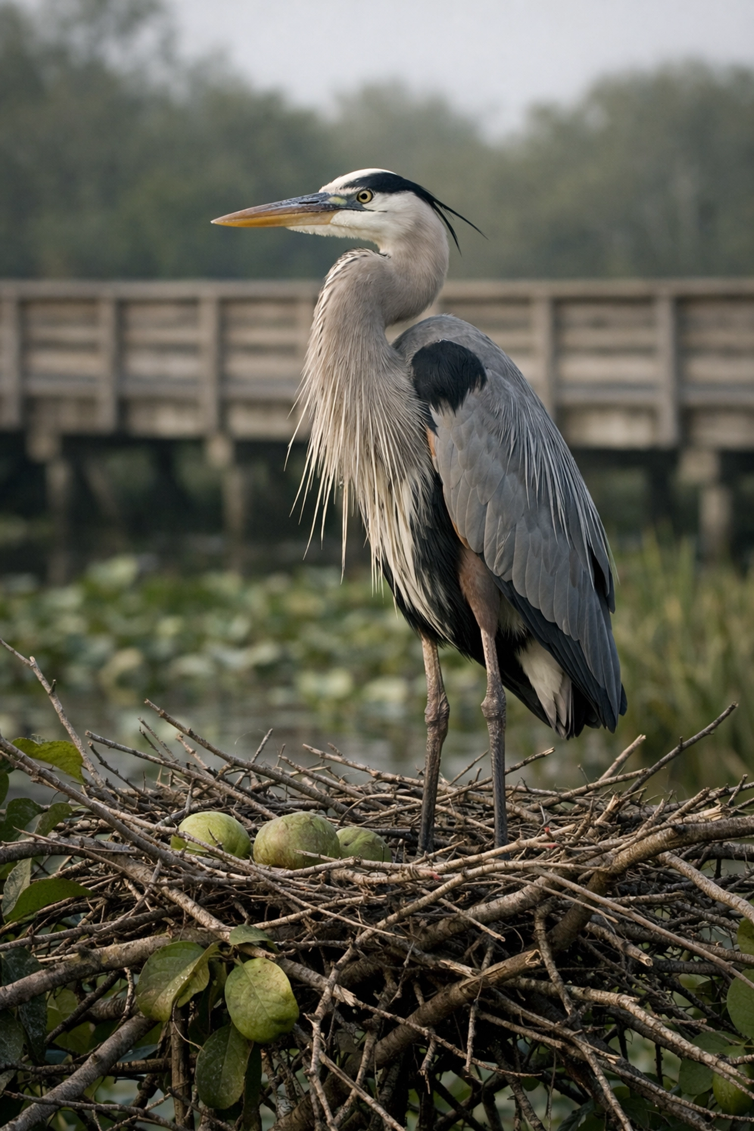 Great Blue Heron on a nest at Wakodahatchee Wetlands, showcasing wildlife photography near the Everglades.