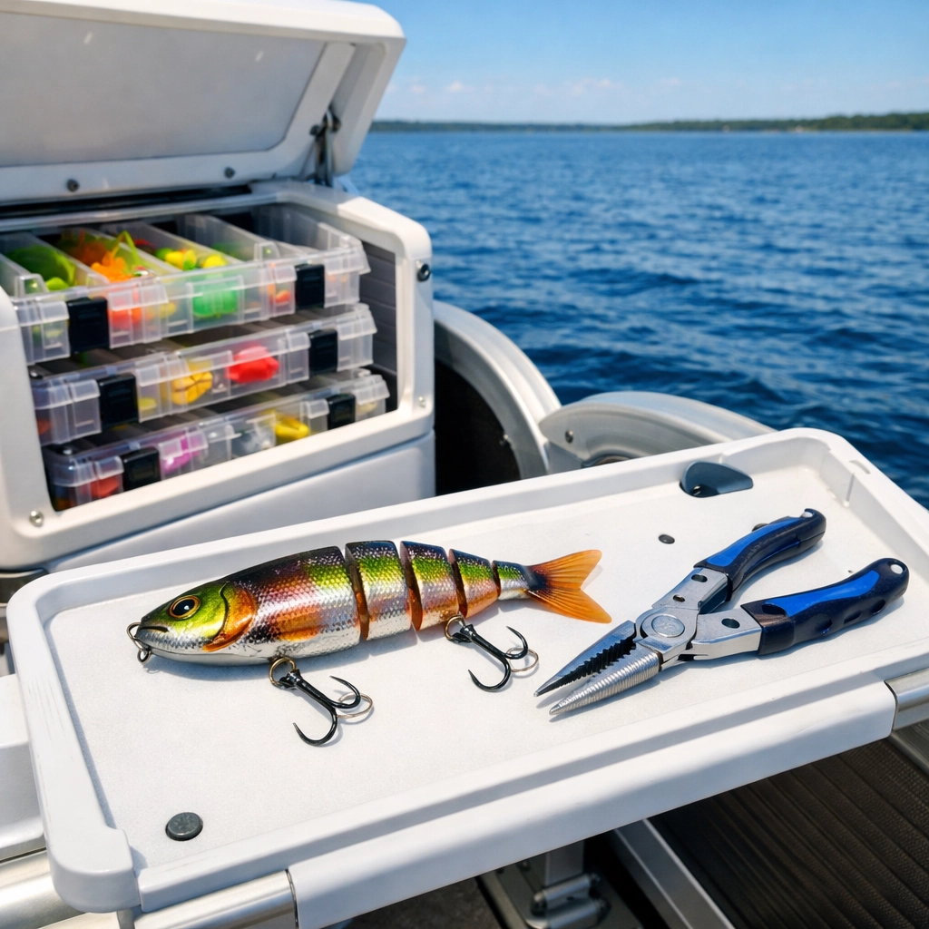 Rail-mounted bait prep station and organized tackle storage for a pontoon boat fishing conversion.