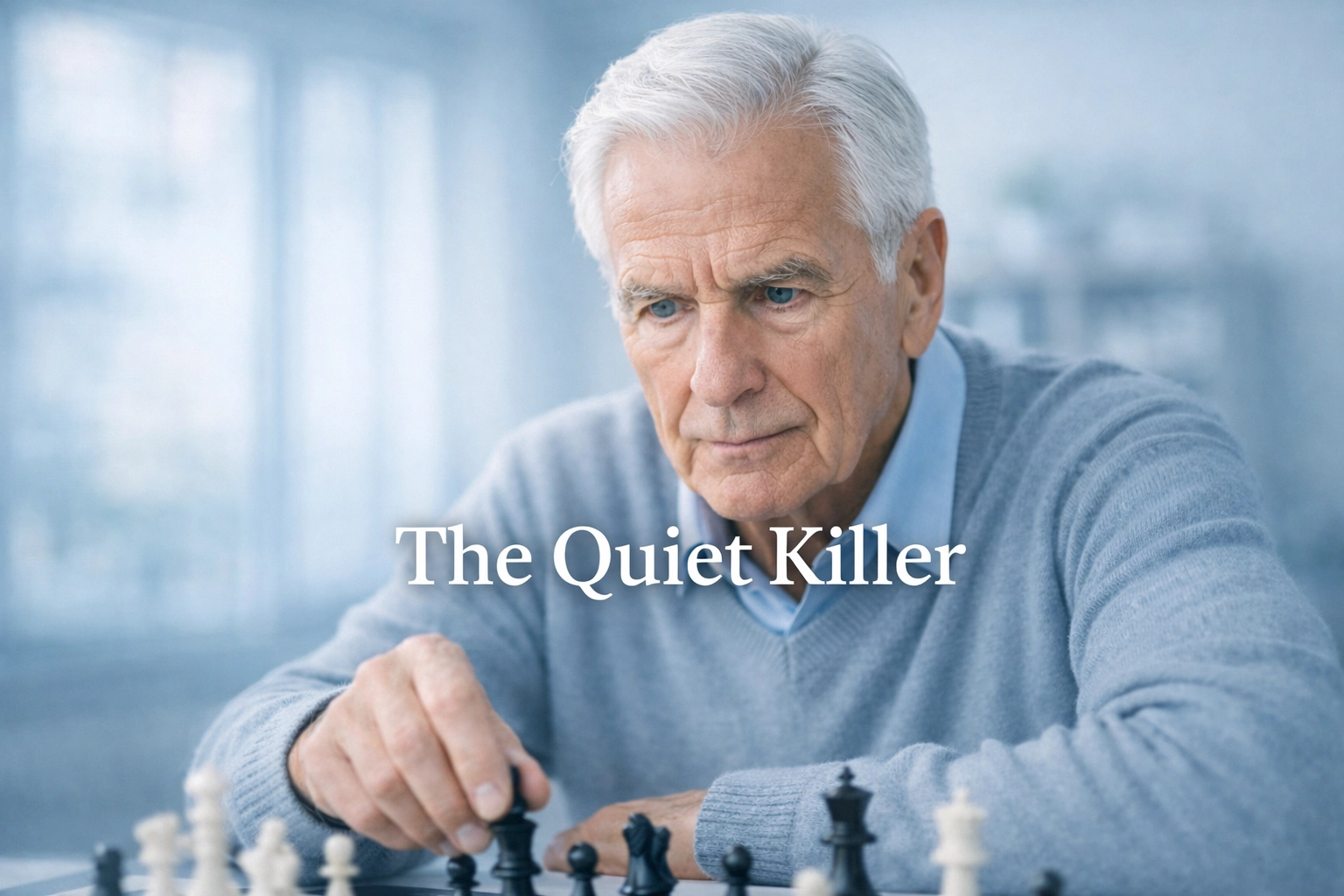 An elderly man focused on a chess game, illustrating cognitive vitality and early brain health detection.